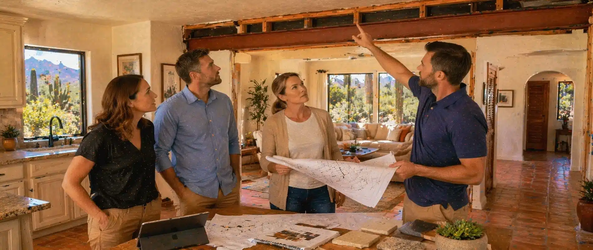 Four people stand in a sunlit home, reviewing blueprints and renovation plans. One man gestures upward at exposed beams in the ceiling as the others look on attentively. Architectural samples are on the table.