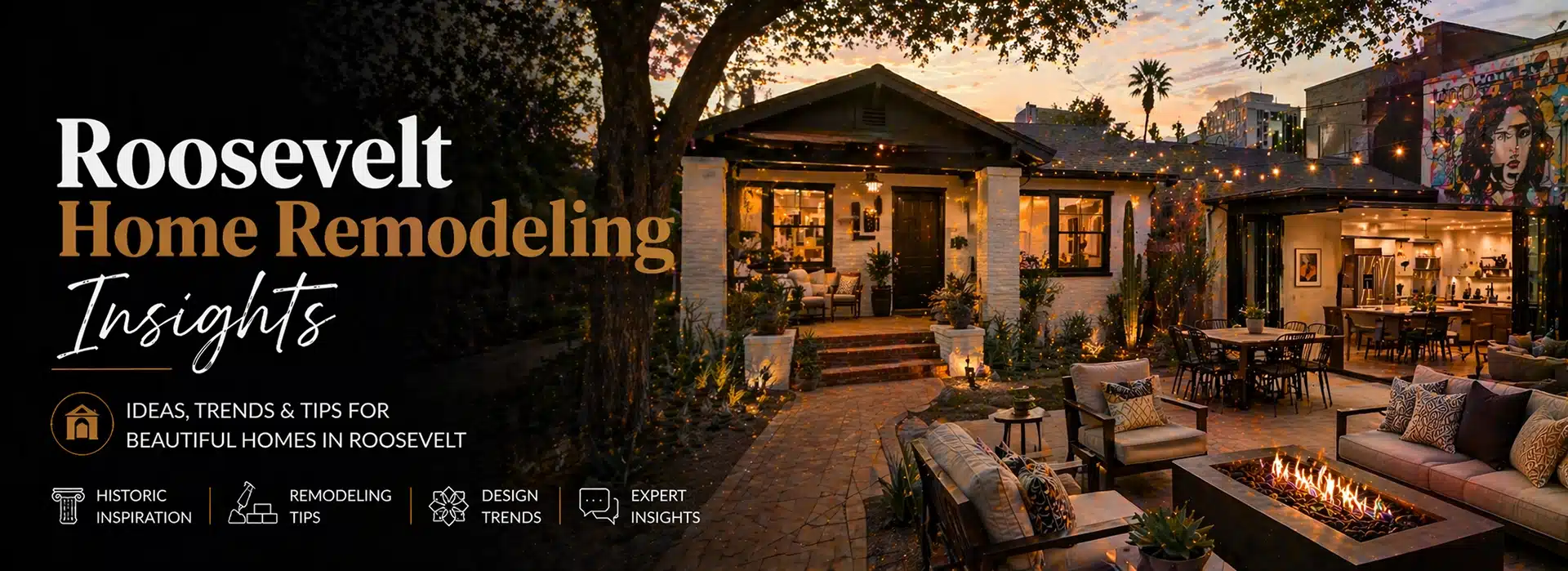 Cozy outdoor patio of a remodeled home with warm lighting, comfortable seating, a fire pit, and string lights; text advertises Roosevelt Home Remodeling Insights and resources for design trends, tips, and expert advice.