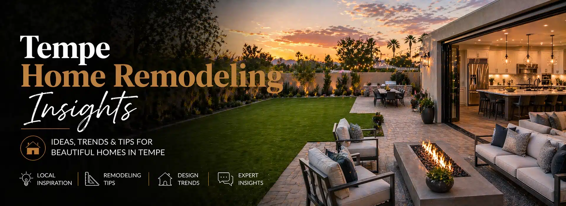 Elegant backyard patio with fire pit, outdoor seating, and open access to a modern kitchen at sunset. Text reads Tempe Home Remodeling Insights with icons for inspiration, tips, trends, and expert insights.