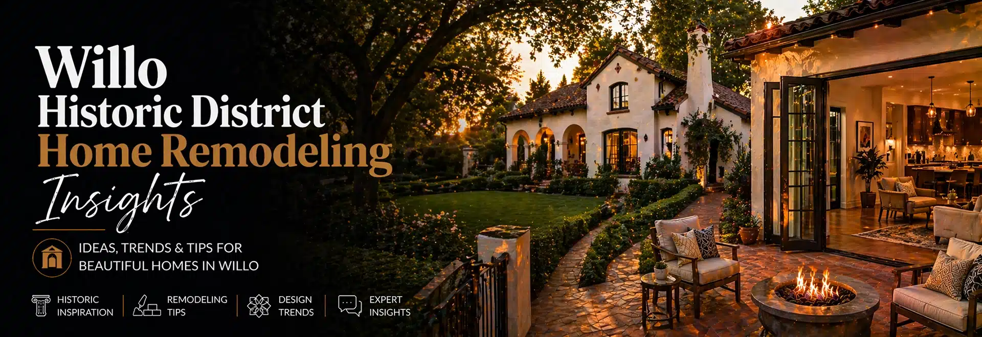 Elegant home with Spanish-style architecture, arched windows, lush gardens, and cozy outdoor patio at sunset. Text reads: “Willo Historic District Home Remodeling Insights—ideas, trends & tips for beautiful homes in Willo.”.