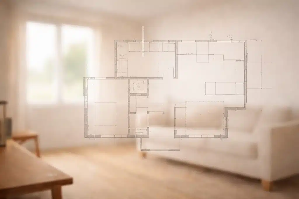 A blurred living room with a wooden table and a white sofa, overlaid with a transparent architectural floor plan drawing. Light streams in from a large window in the background.