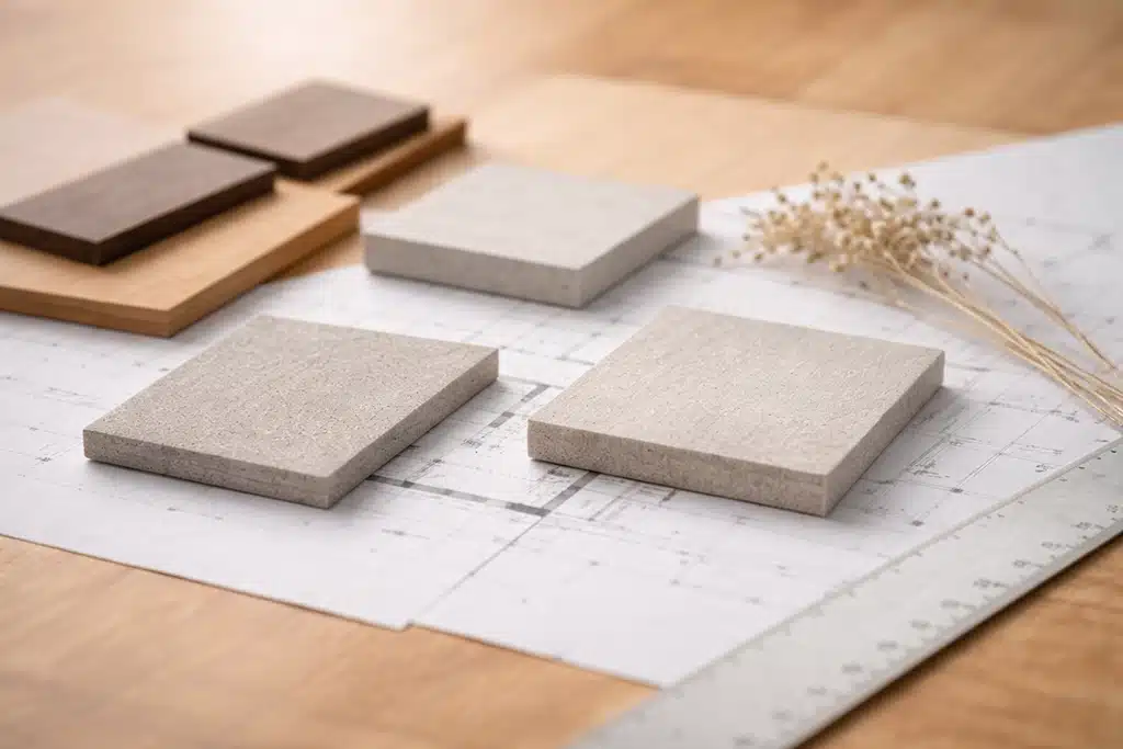 Four square material samples in neutral tones are arranged on architectural plans atop a wooden surface, with a metal ruler and a small bundle of dried flowers nearby.