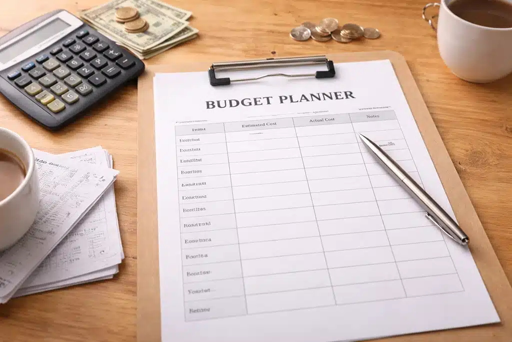 A budget planner form on a clipboard sits on a wooden desk with a pen, calculator, money, coins, papers, and a cup of coffee.