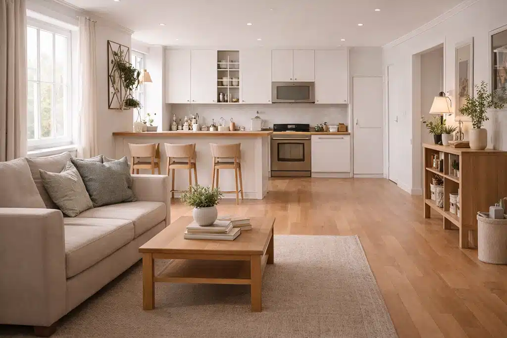 A bright, modern open-plan living room and kitchen with light wood floors, white cabinets, a beige sofa, wooden coffee table, and barstools at a wood countertop. Large windows let in natural light and plants decorate the space.
