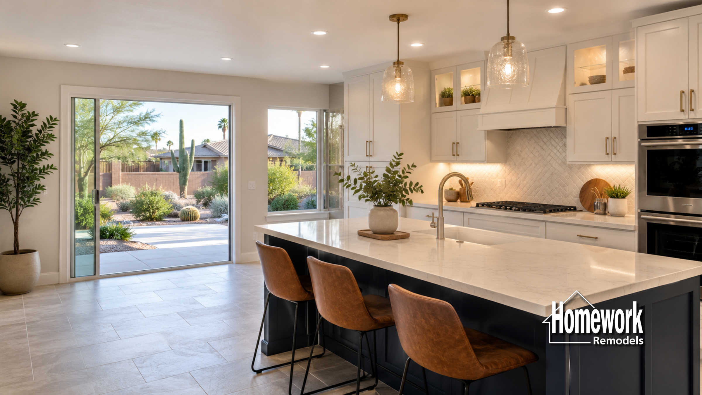 A modern kitchen features a large island with marble countertop, brown leather bar stools, and a sink. Sliding glass doors open to a desert landscape with cacti.