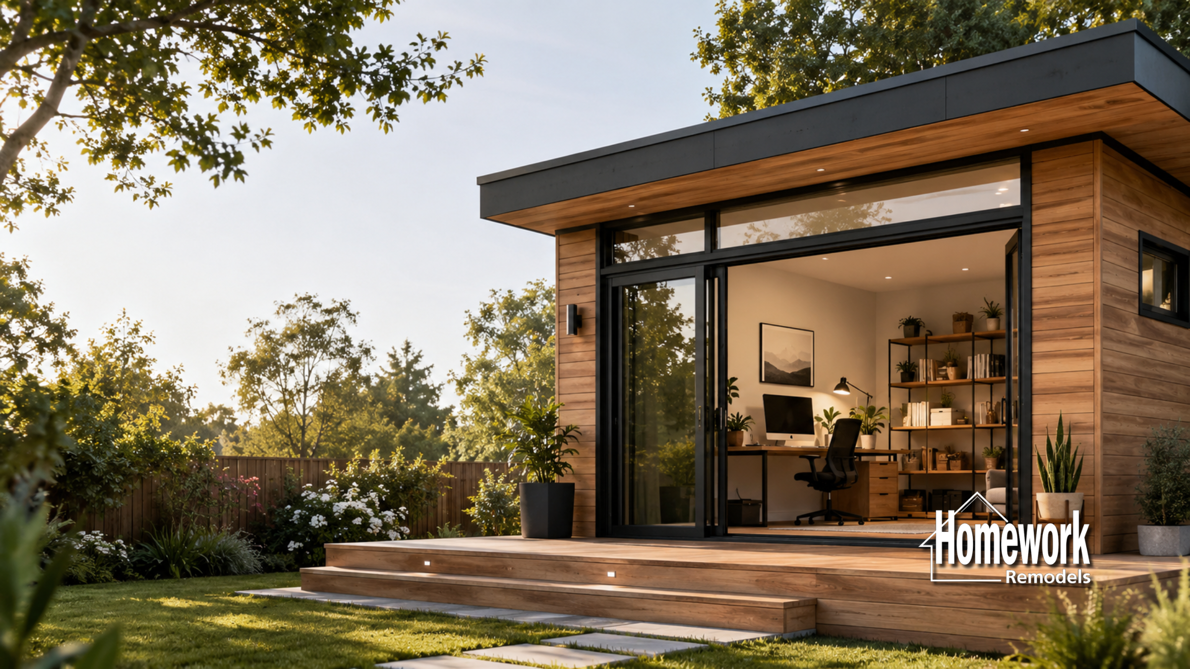 A modern backyard office with large glass doors, wooden exterior, and landscaped garden, featuring a desk and shelves inside. The logo Homework Remodels appears in the bottom right corner.