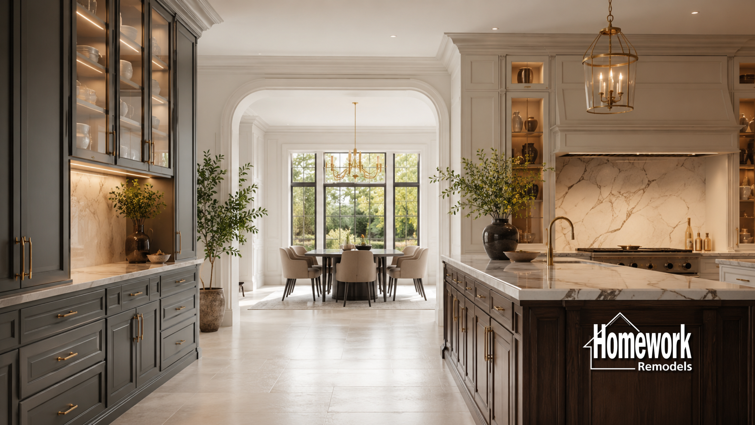 A spacious, elegant kitchen with gray and wood cabinetry, marble countertops, and gold accents leads to a bright dining area with large windows. The Homework Remodels logo is in the lower right corner.