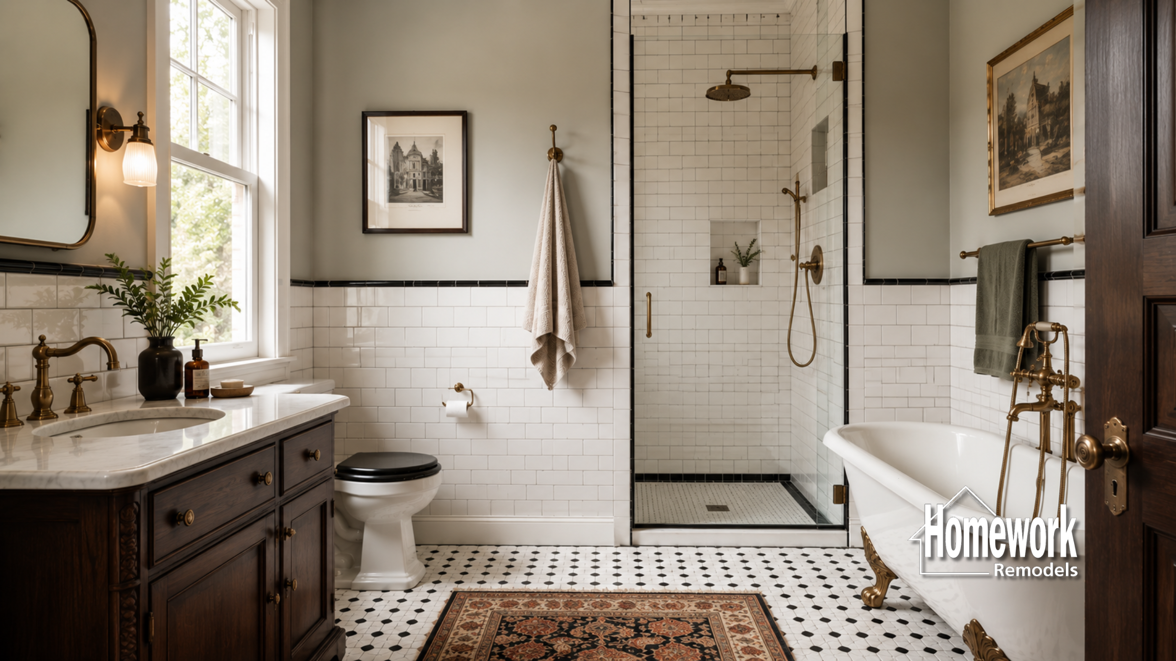 A stylish bathroom features a vintage vanity, white tiles, glass shower, black-and-white floor, brass fixtures, a rug, wall art, and a towel hanging. Sunlight streams through a window. Homework Remodels logo is visible.