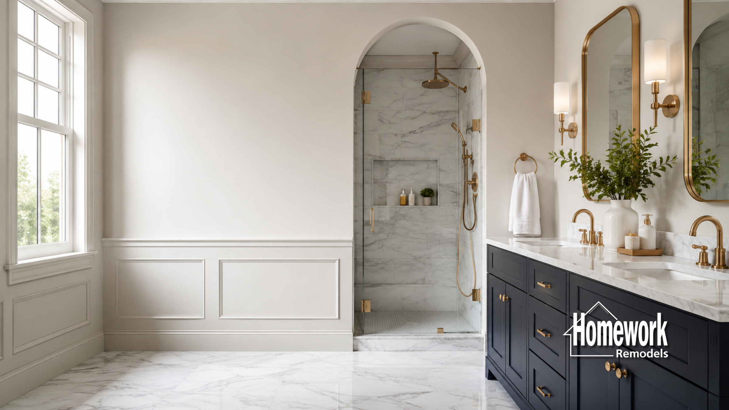A modern, elegant bathroom with marble floors, a glass-enclosed shower, gold fixtures, double sinks with navy cabinets, and large mirrors. Sunlight streams in from a window. Homework Remodels logo in the corner.