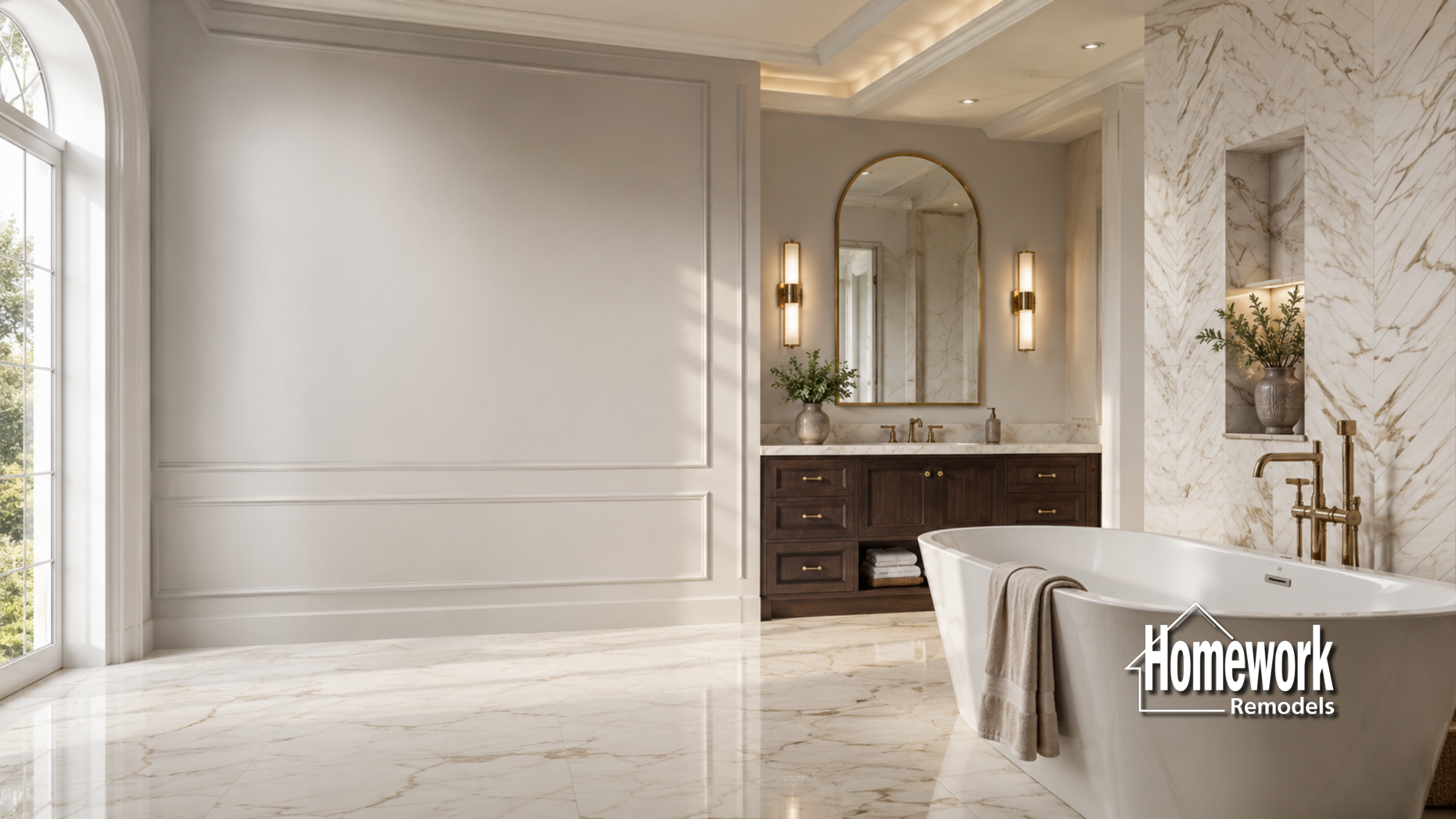 Spacious, elegant bathroom with marble floors, freestanding bathtub, wood vanity, large mirror, wall sconces, and Homework Remodels logo in the corner. Light pours in from a large arched window.