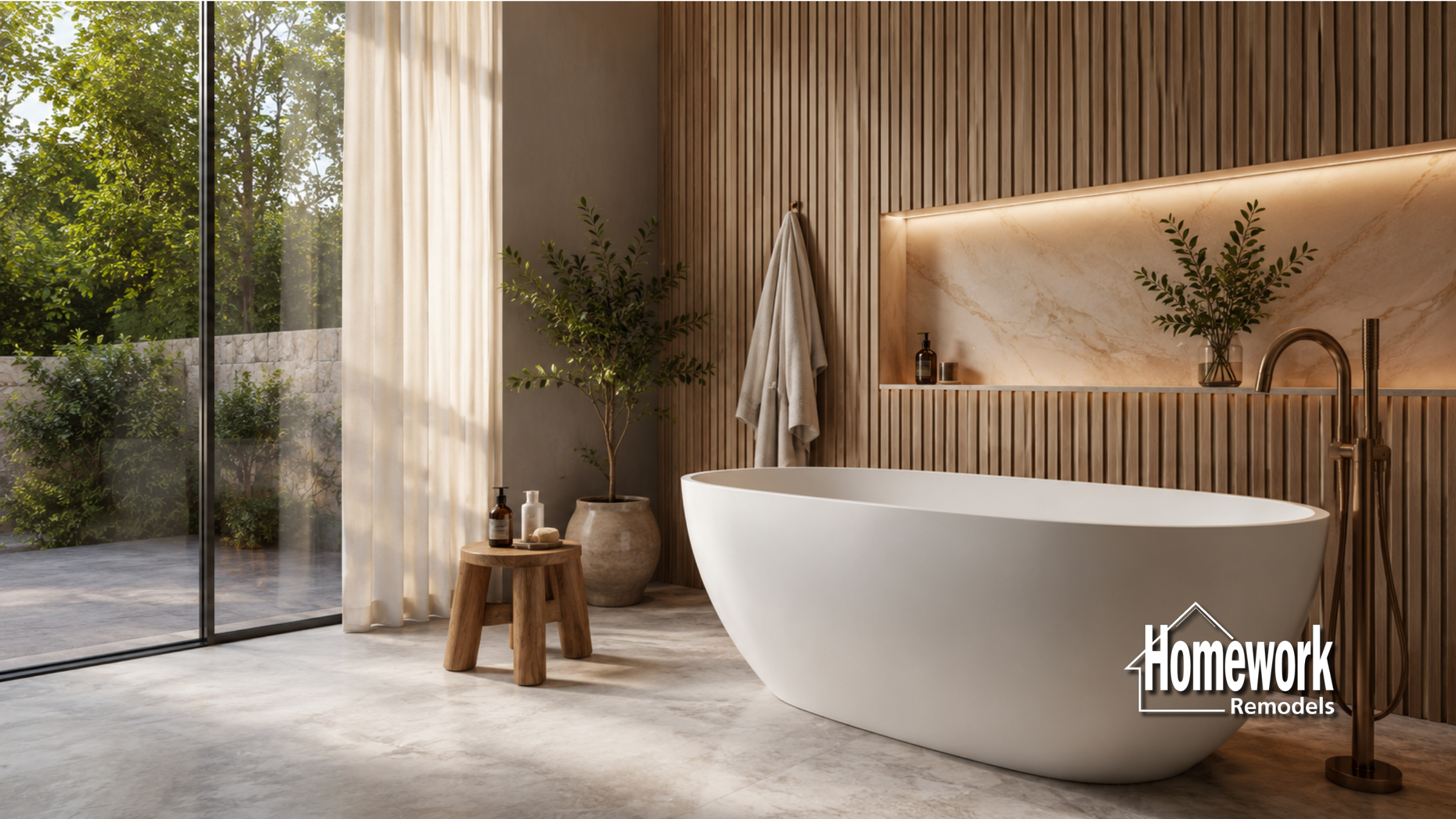 A modern bathroom with a freestanding white tub, gold faucet, wood accent wall, and a shelf with plants. Sunlight streams through large glass windows with views of green trees. Homework Remodels logo is in the lower right corner.