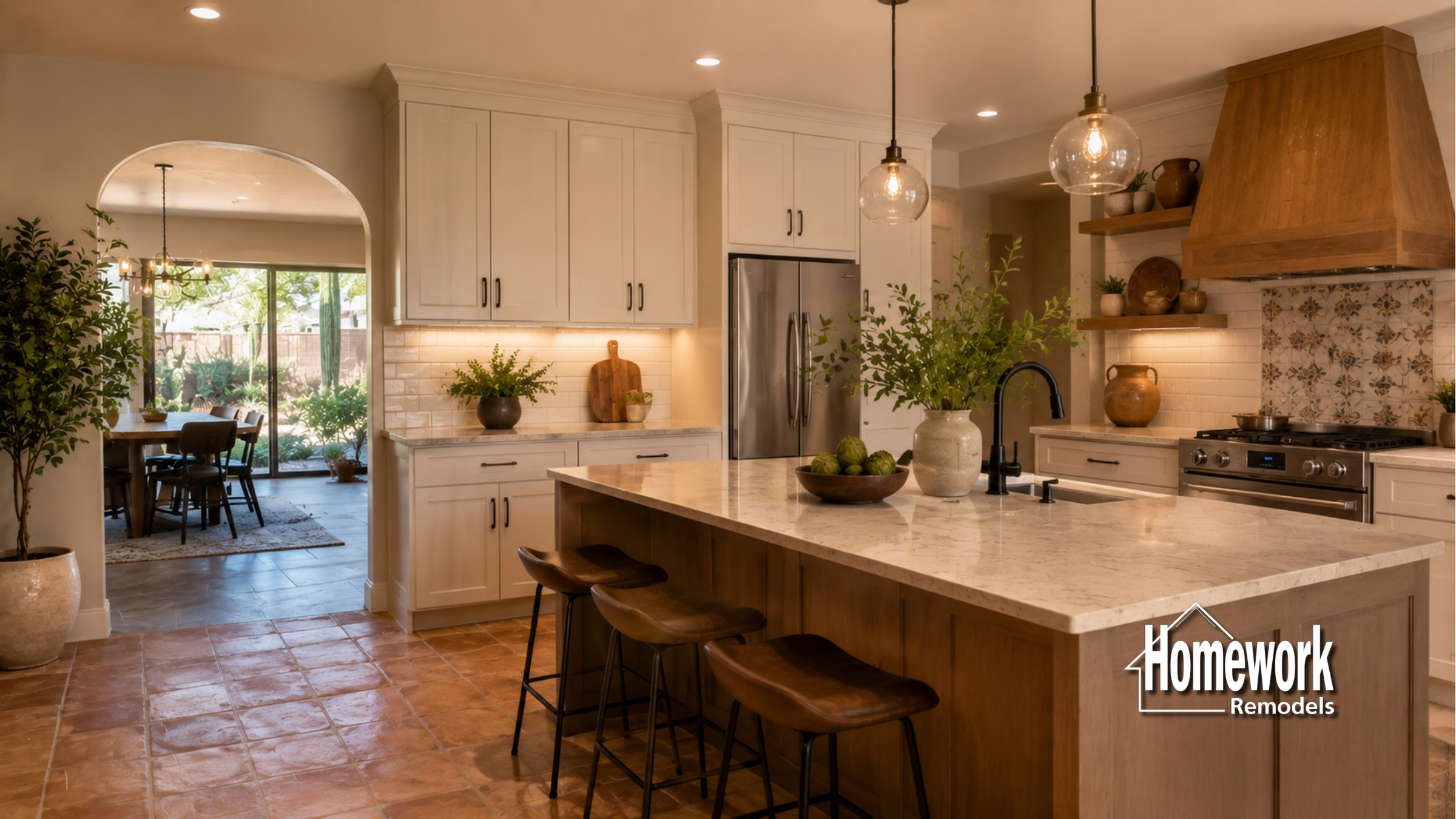 A modern kitchen with white cabinets, a large marble island, stylish pendant lights, and wooden barstools; dining area visible through an archway; “Homework Remodels” logo in the corner.