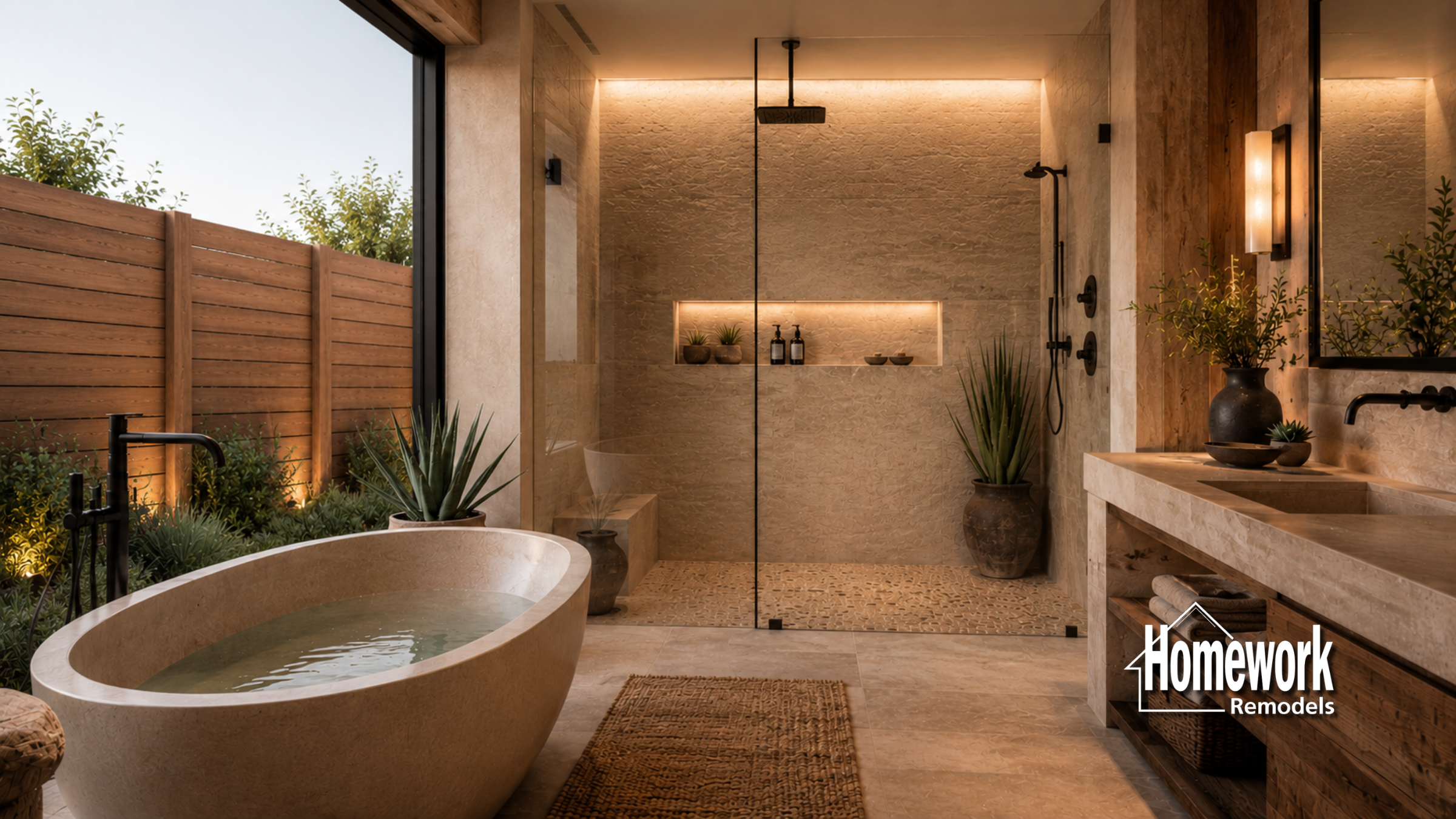 Modern bathroom with a freestanding tub, double sink, walk-in shower, plants, and natural light from large windows. Wooden accents and soft lighting create a spa-like atmosphere. Homework Remodels logo in the corner.
