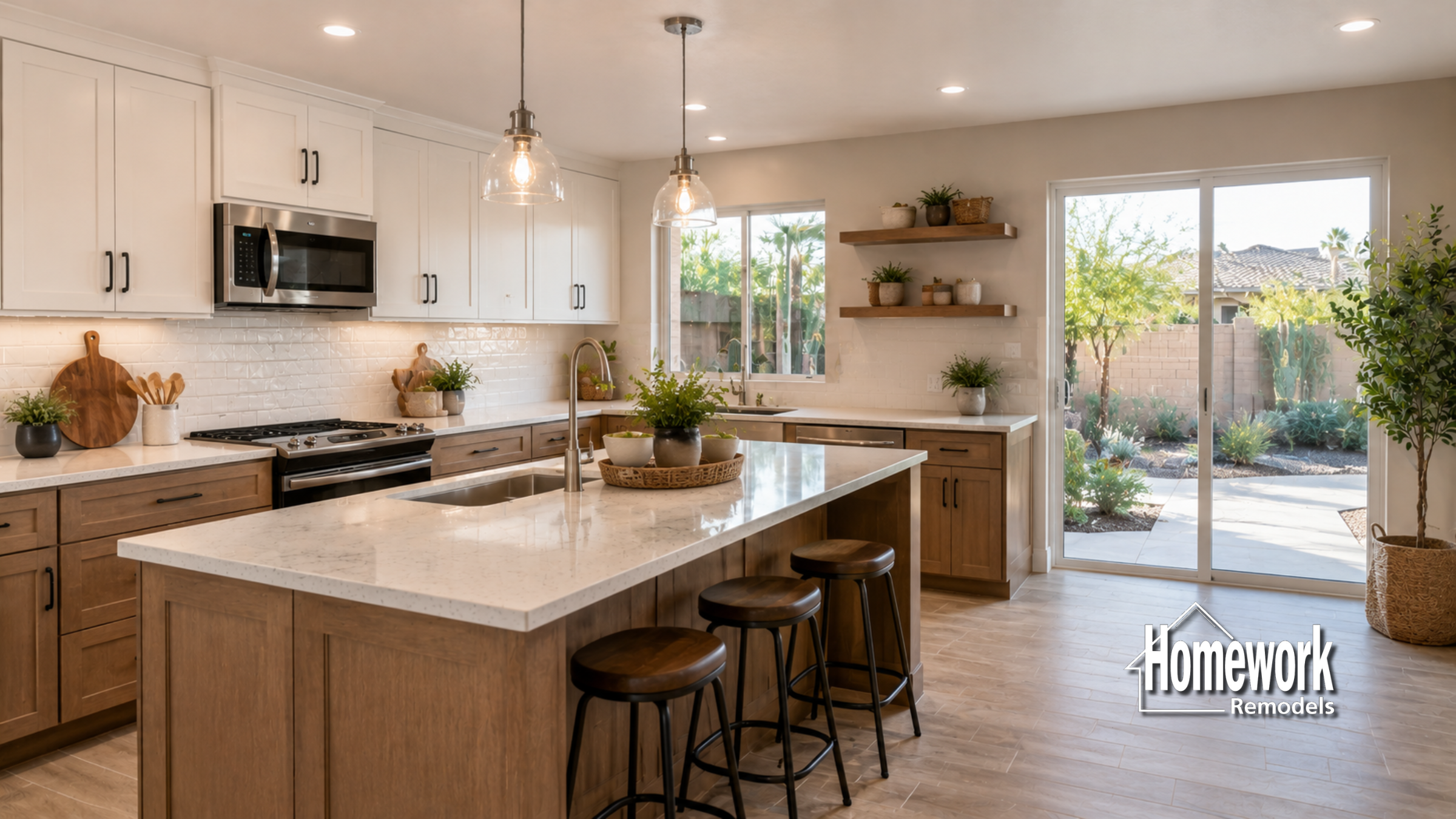 Modern kitchen with white upper cabinets, light wood lower cabinets and island, bar stools, pendant lights, built-in appliances, open shelves, and large glass doors opening to a sunny backyard. Homework Remodels logo is visible.