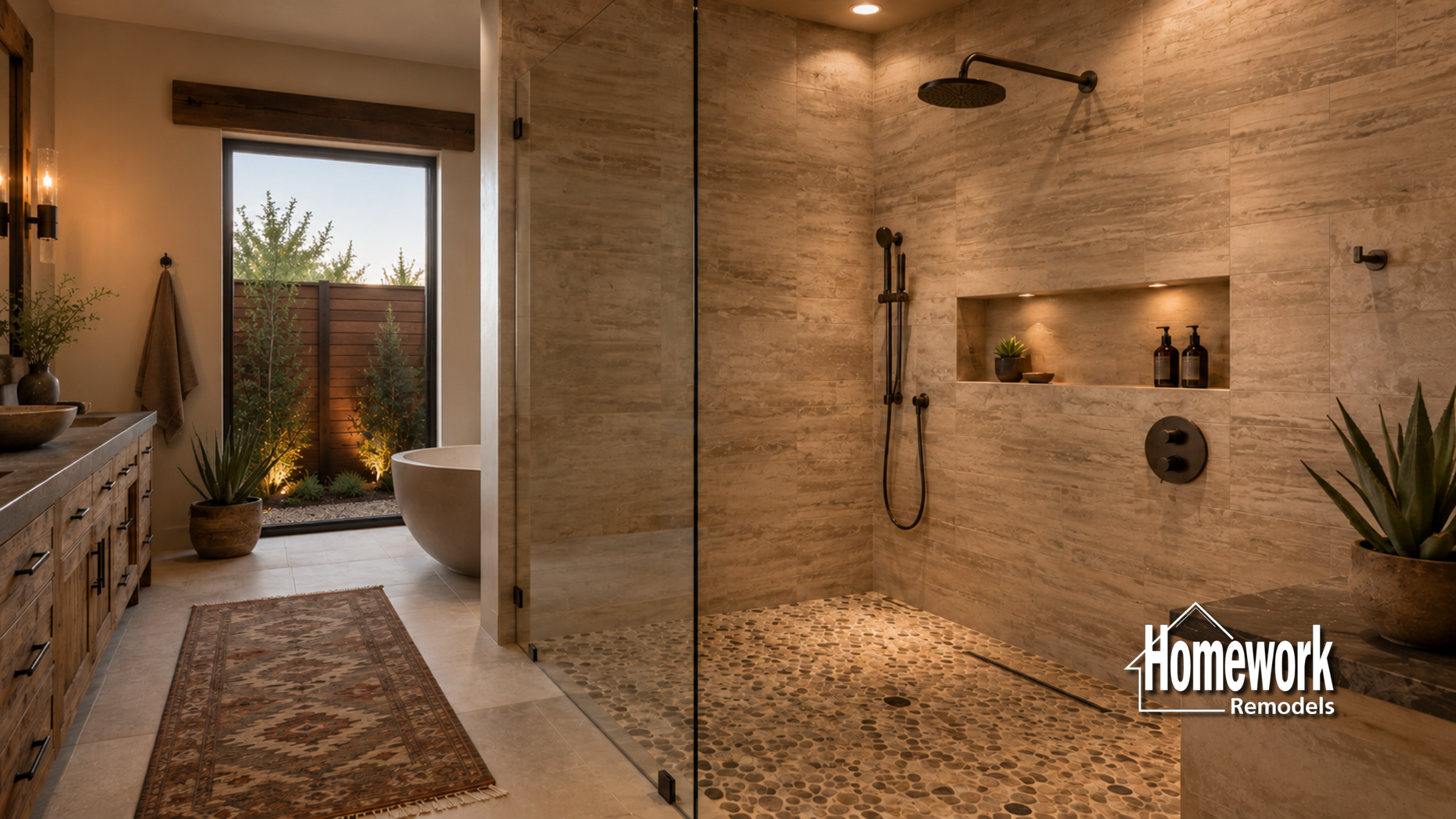 Modern bathroom featuring a large walk-in shower with stone floor, rainfall showerhead, built-in shelves, a freestanding tub by a window, wooden vanity, and soft lighting; Homework Remodels logo in the corner.