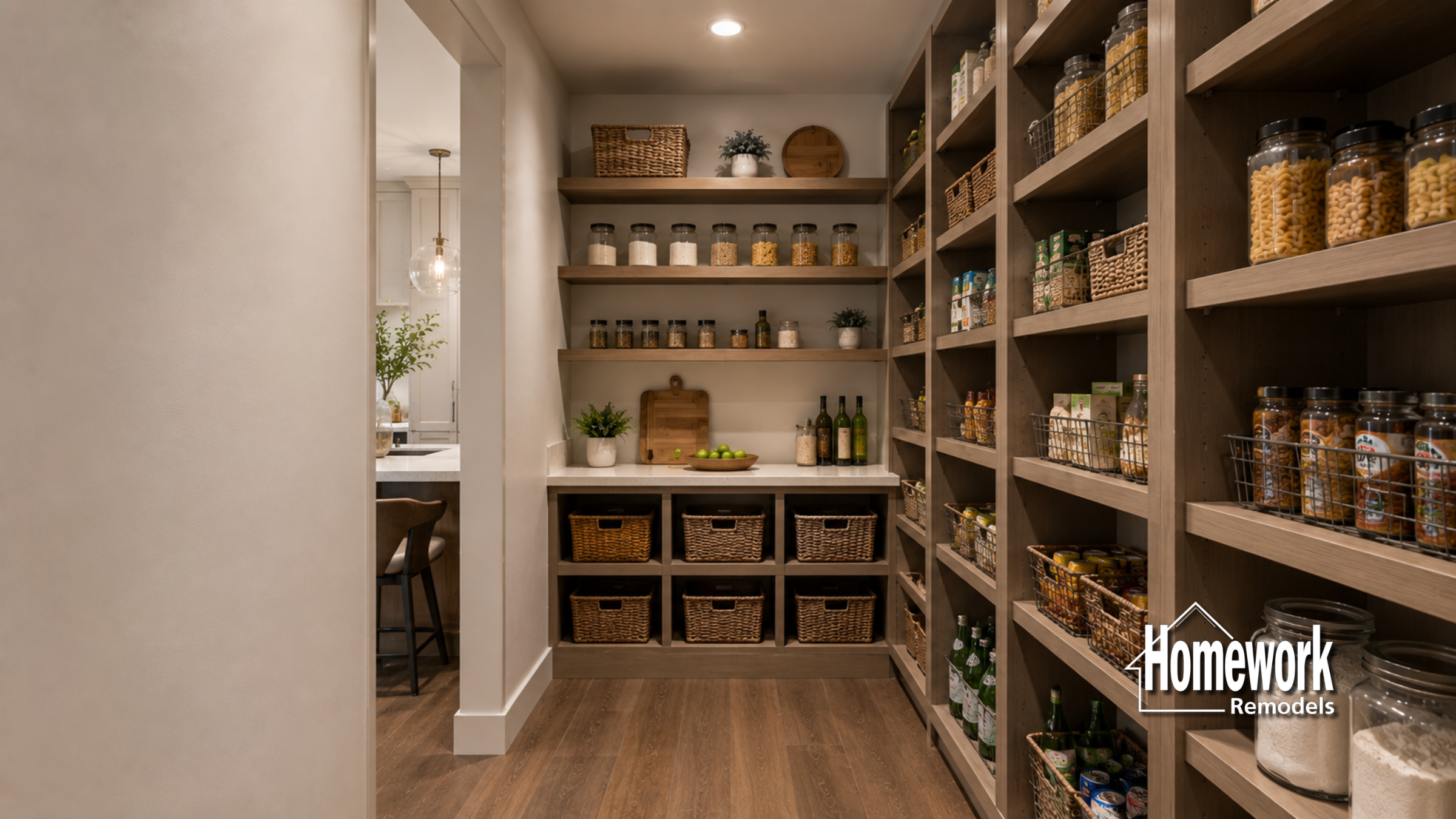 A modern, well-organized pantry with wooden shelves holding jars, baskets, and canned goods. A counter at the back has cutting boards, plants, and bottles. Homework Remodels logo is in the bottom right corner.