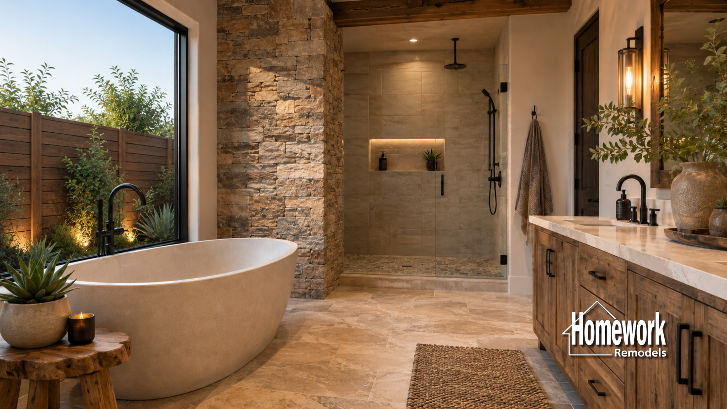 A modern bathroom with a freestanding tub, stone accent wall, walk-in shower, double sink vanity, large windows, wood accents, and the Homework Remodels logo in the bottom right corner.