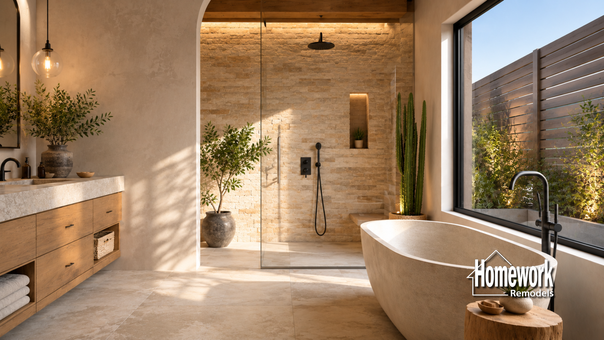 A modern bathroom with a stone shower, freestanding bathtub, large window, wooden vanity, and indoor plants; natural light streams in, creating a warm, inviting atmosphere. “Homework Remodels” logo appears by the tub.