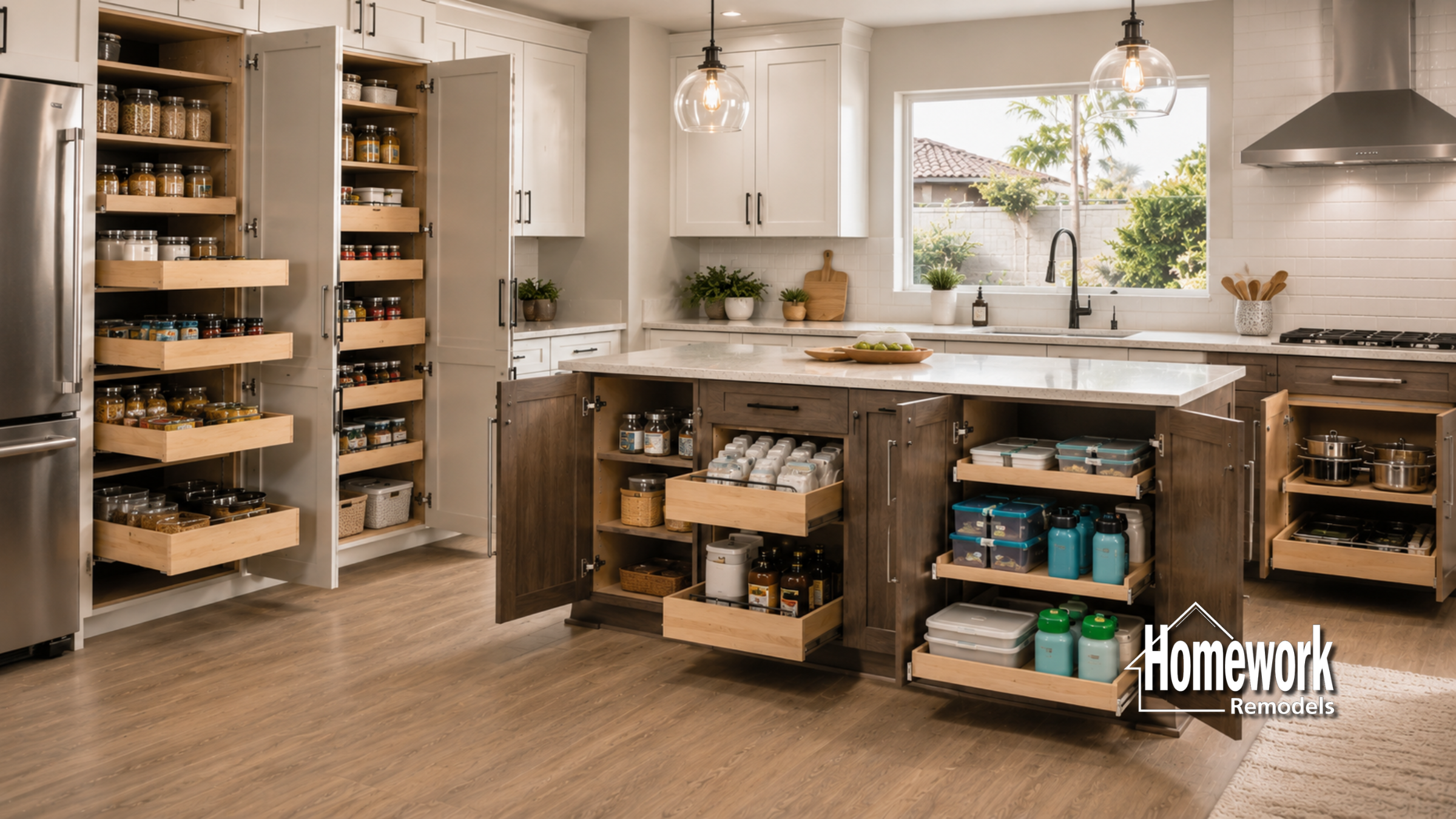 A modern kitchen with open cabinets and pull-out drawers displaying organized pantry items and kitchenware; sunlight streams in through a window above the sink. “Homework Remodels” logo is visible in the lower right corner.