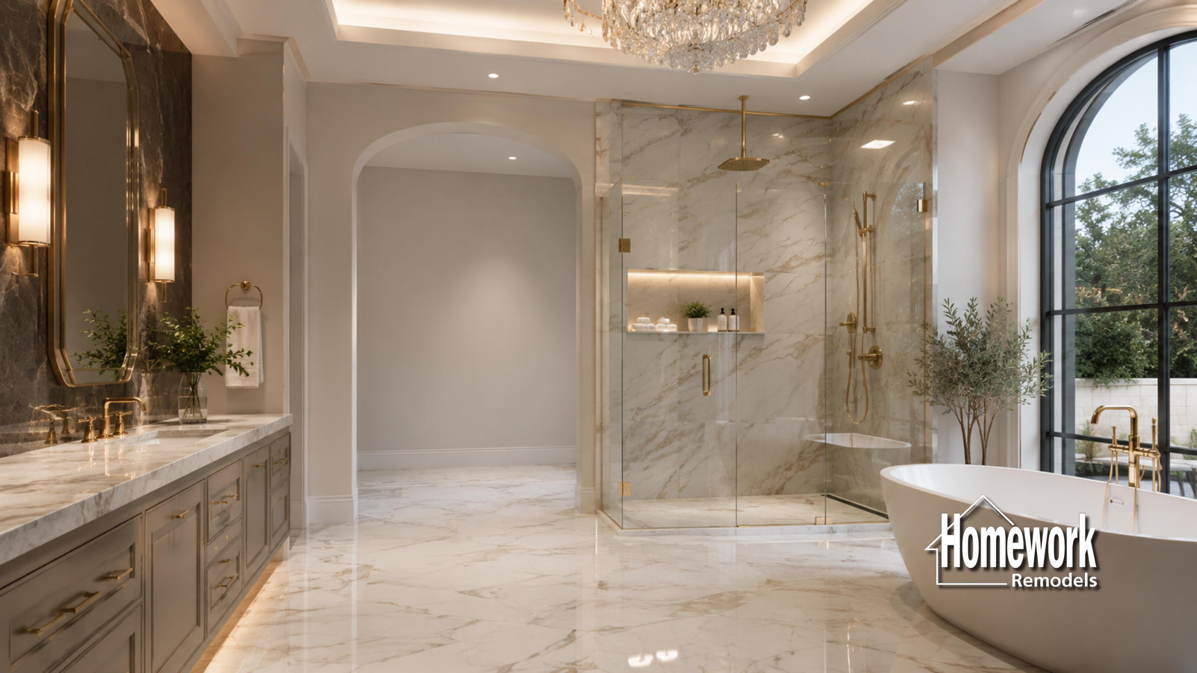 Luxurious bathroom with marble floors and walls, a glass-enclosed shower, double vanity with mirrors, a freestanding bathtub by a large arched window, elegant lighting, and greenery accents. Homework Remodels logo in corner.