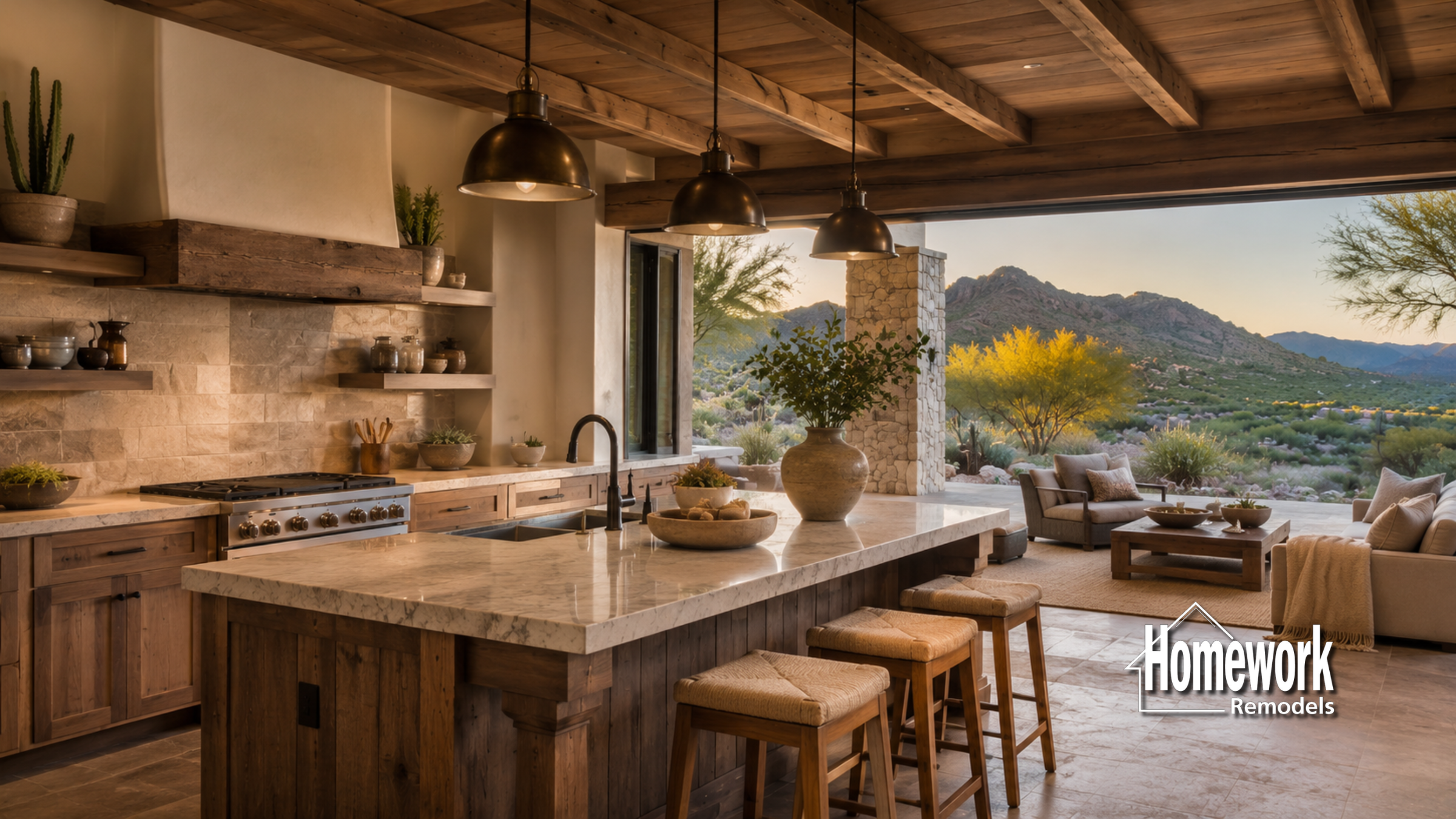 A rustic, modern kitchen opens to a patio with desert mountain views. Wooden cabinets, marble island, open shelves, and pendant lights create a cozy, natural feel. Homework Remodels logo appears in the corner.