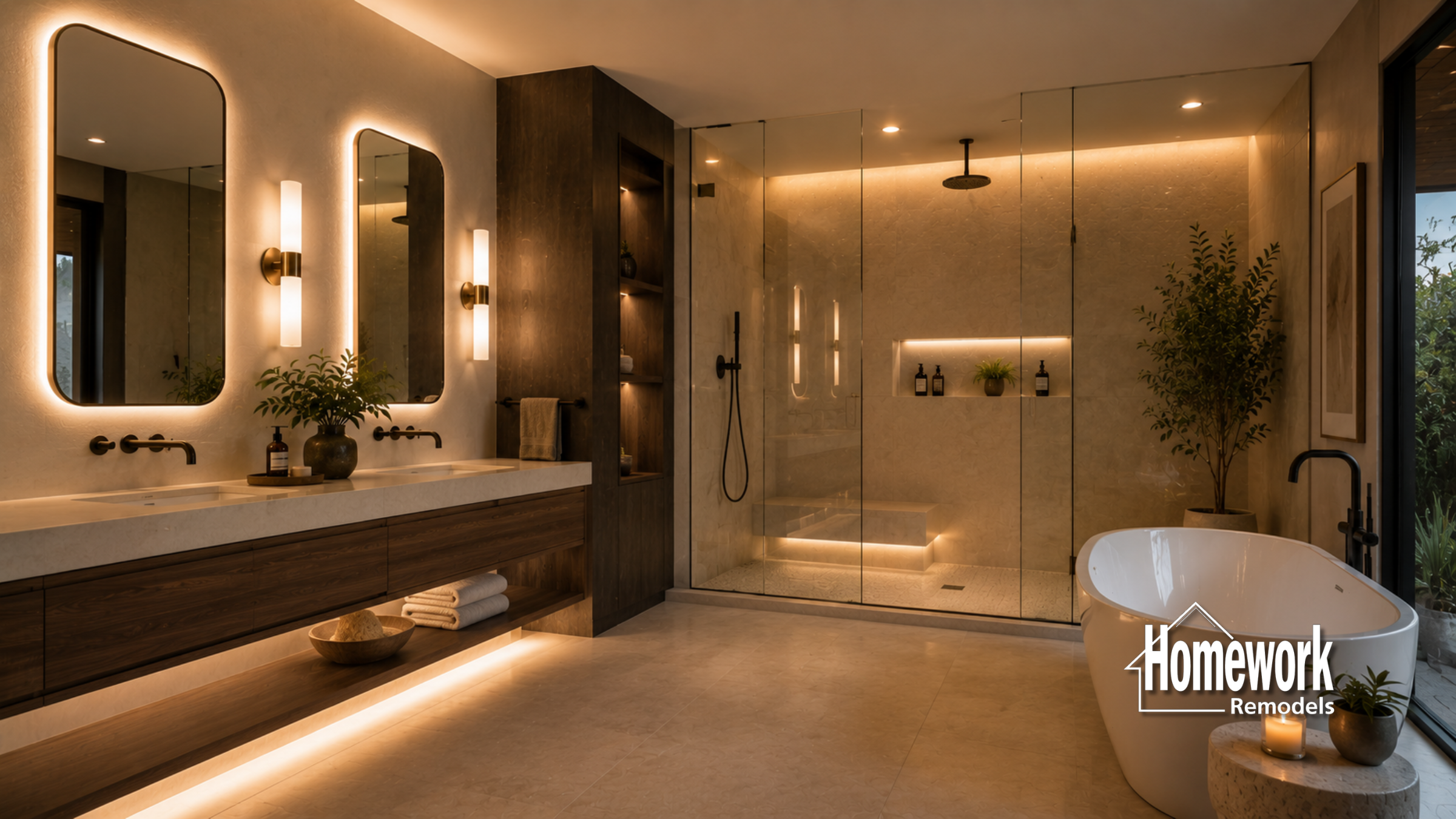 Modern bathroom with a large glass shower, floating wood vanity with dual sinks, backlit mirrors, and a freestanding tub. Warm lighting and potted plants create a serene, spa-like atmosphere. Homework Remodels logo in the corner.