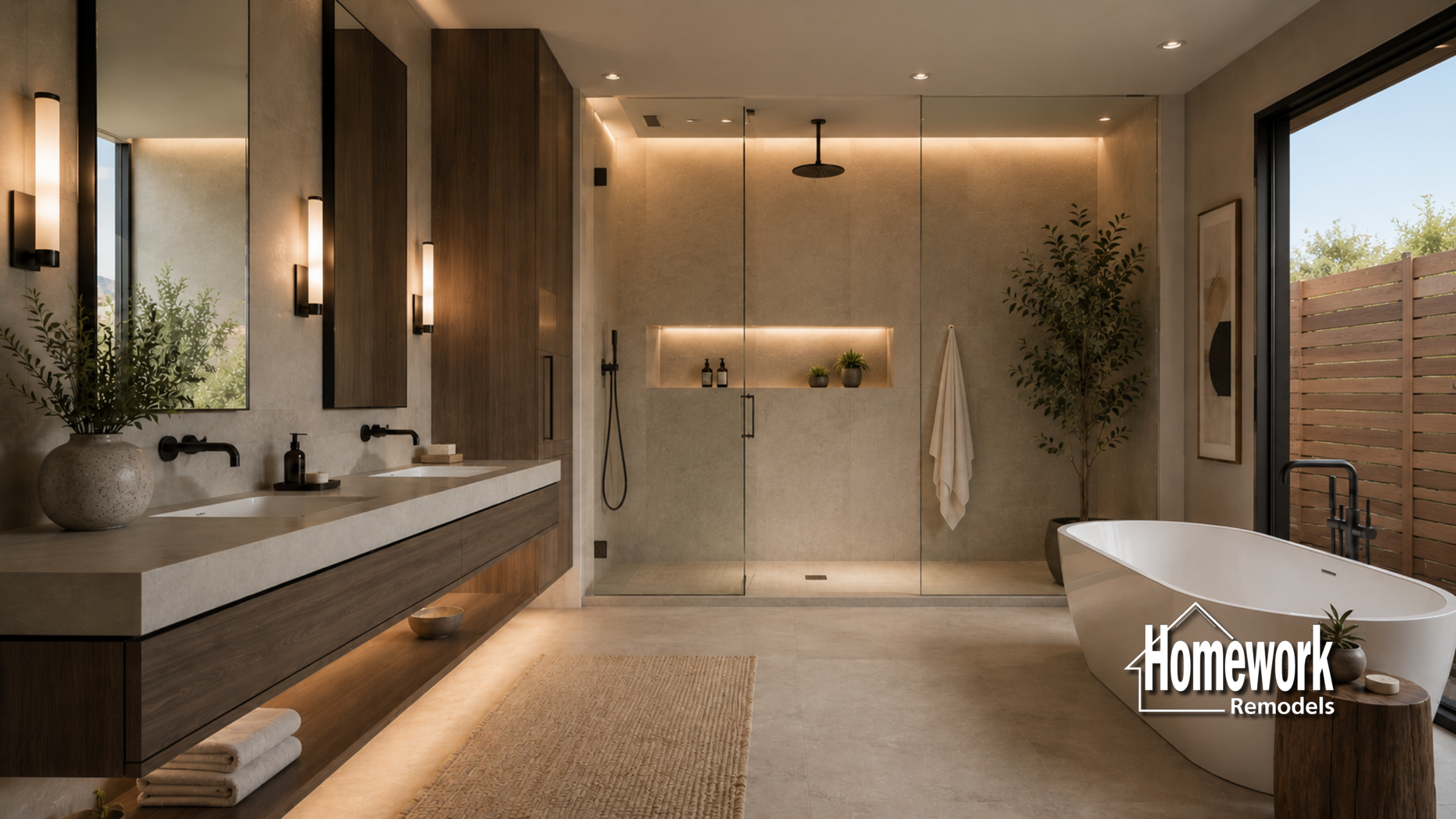 Modern bathroom with double sinks, a large glass shower, freestanding bathtub, plants, and wood accents. Warm lighting highlights clean, minimalist design. Homework Remodels logo appears in the bottom right corner.