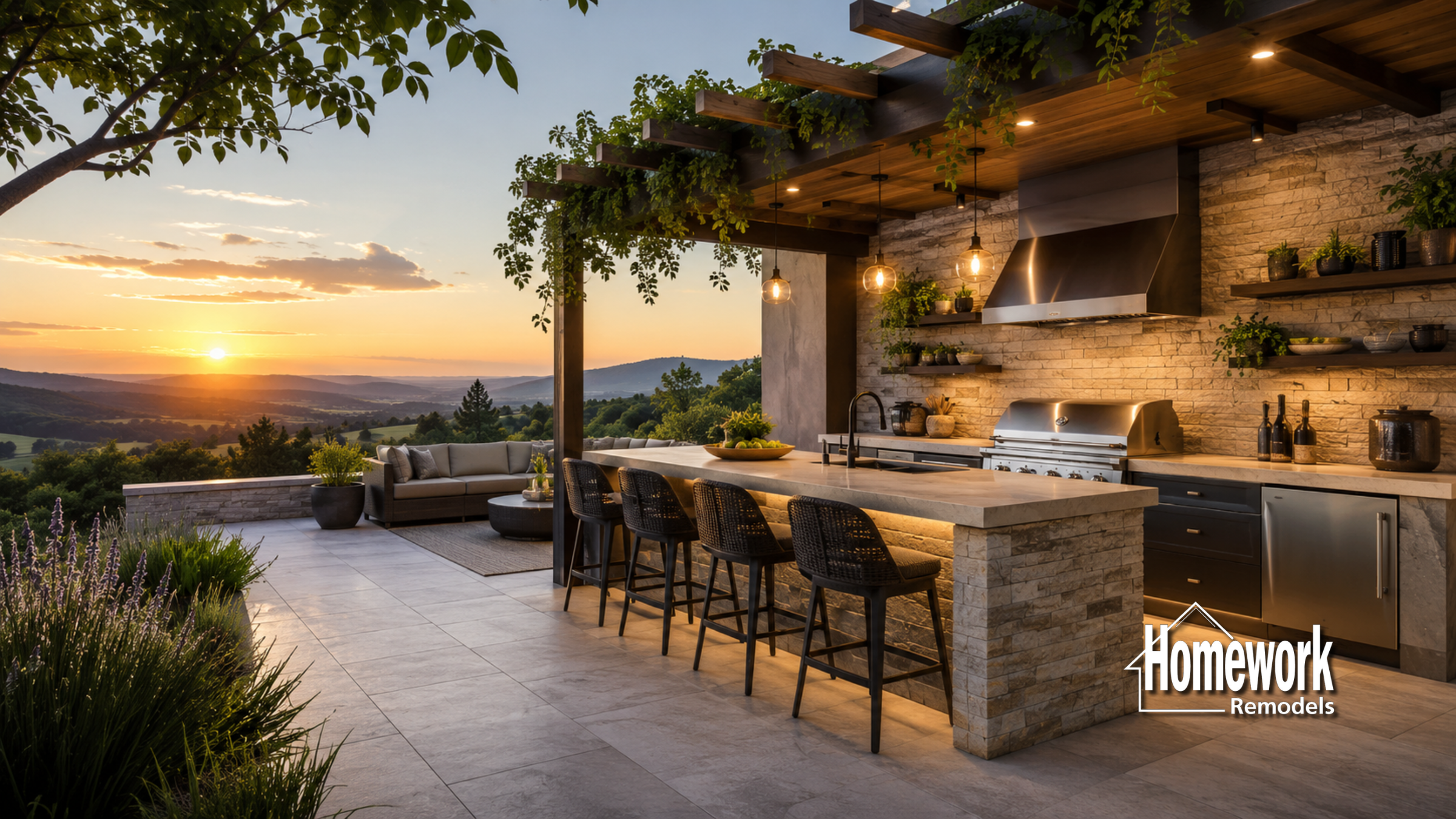 Modern outdoor kitchen and patio with a bar, grill, seating area, and overhead pergola, overlooking scenic hills at sunset. The Homework Remodels logo is visible in the corner.
