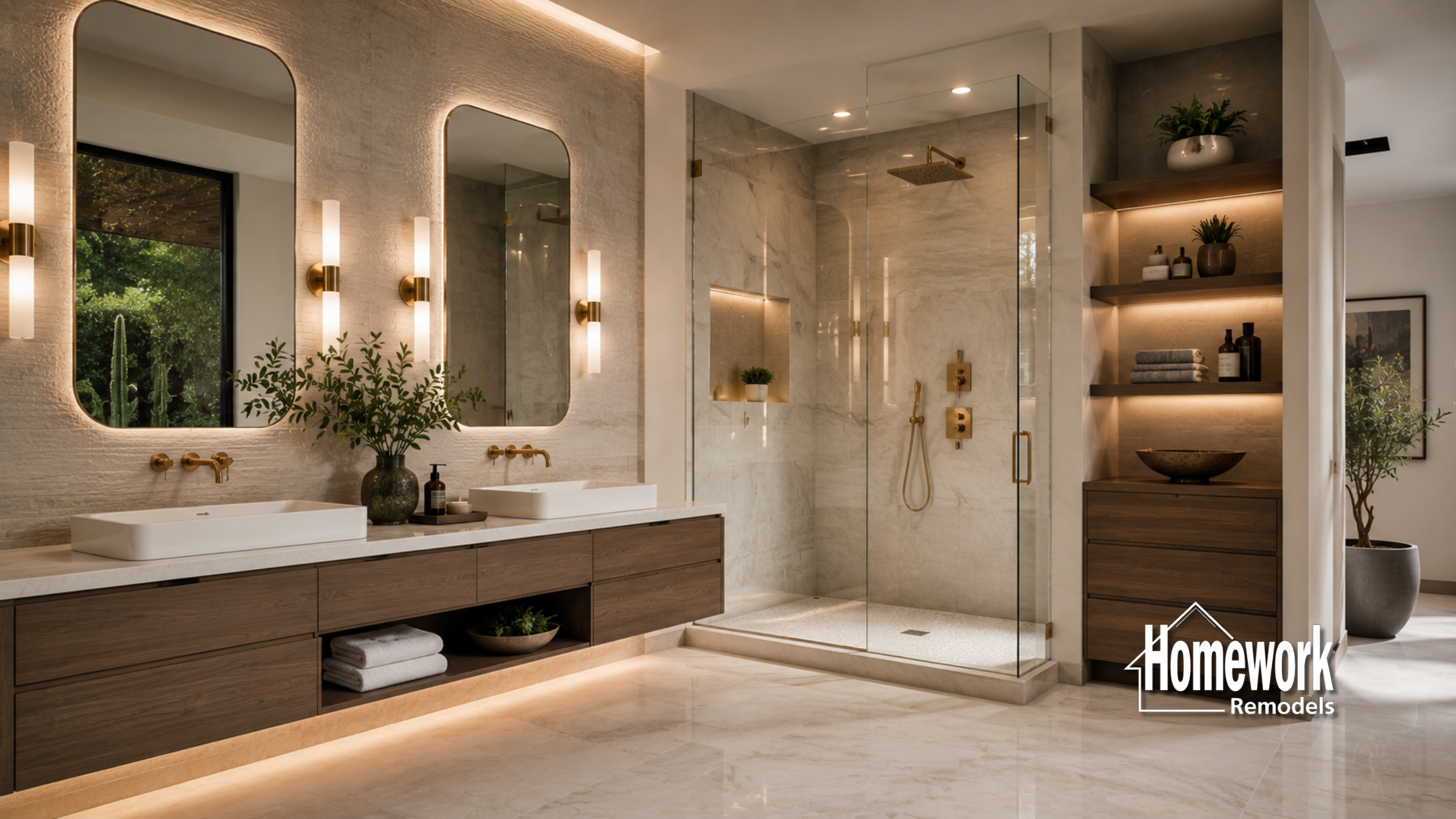 A modern bathroom with double sinks, large mirrors, wooden cabinets, open shelves with decor, and a glass-enclosed shower. Warm lighting and the Homework Remodels logo are visible in the corner.
