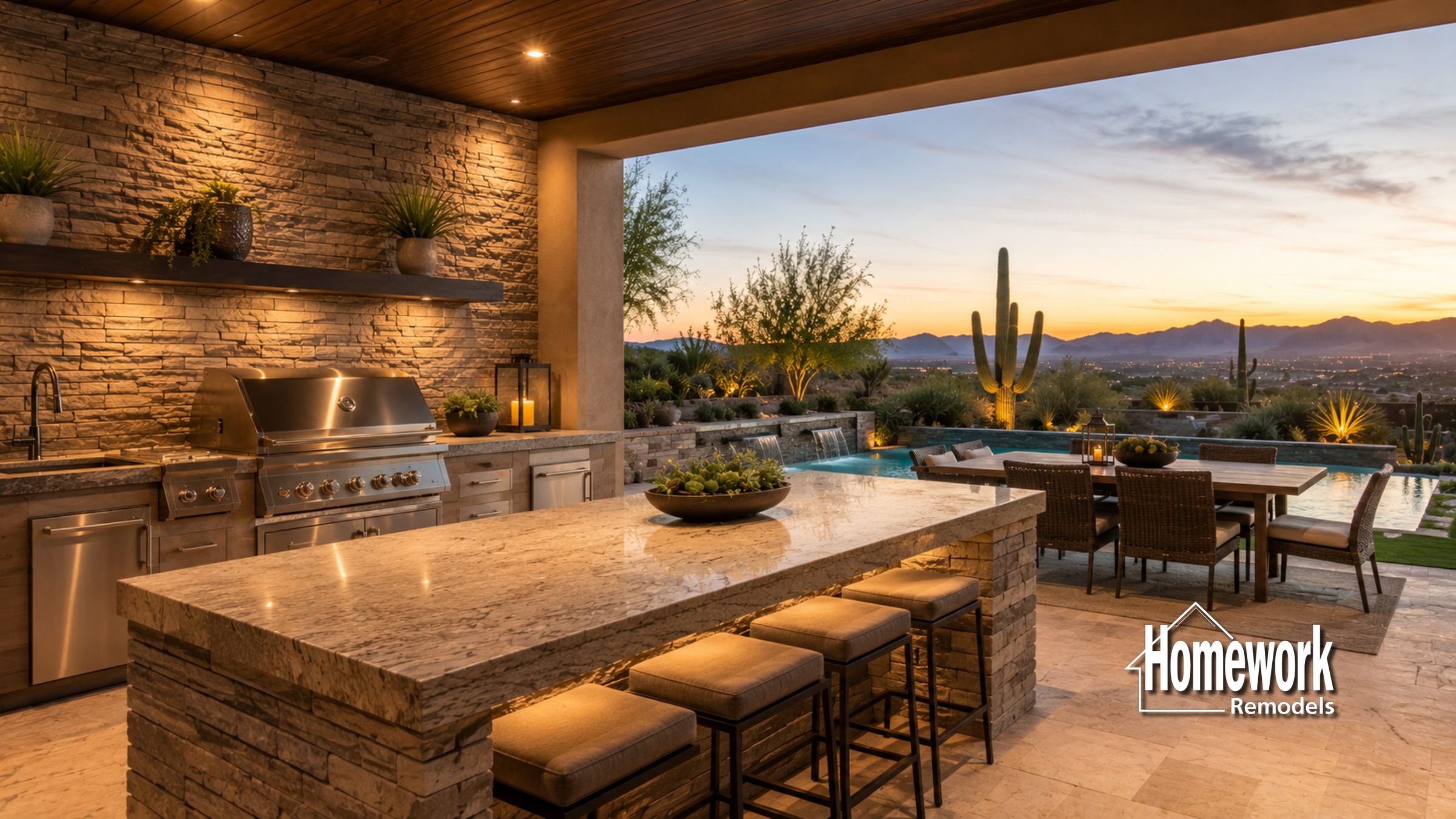 A luxurious outdoor kitchen and dining area with stone walls, stainless steel appliances, a marble island, barstools, a pool, desert landscaping, and mountains in the distance at sunset. Homework Remodels logo in the corner.