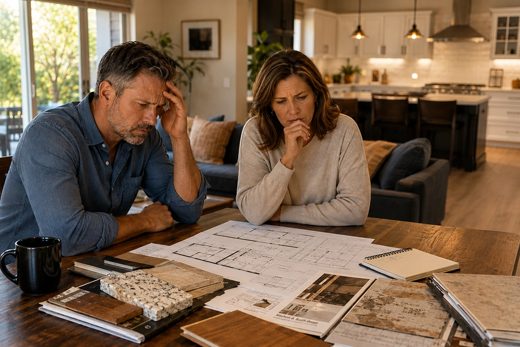 A man and woman sit at a table in a modern home, looking concerned as homeowners reviewing floor plans, samples, and documents—possibly discussing home ownership decisions or renovation plans.