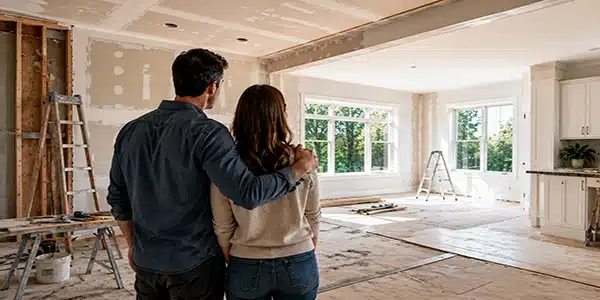 Homeowners viewing a remodeling project under construction and preparing for next steps