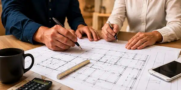 Homeowners reviewing remodeling plans before construction begins