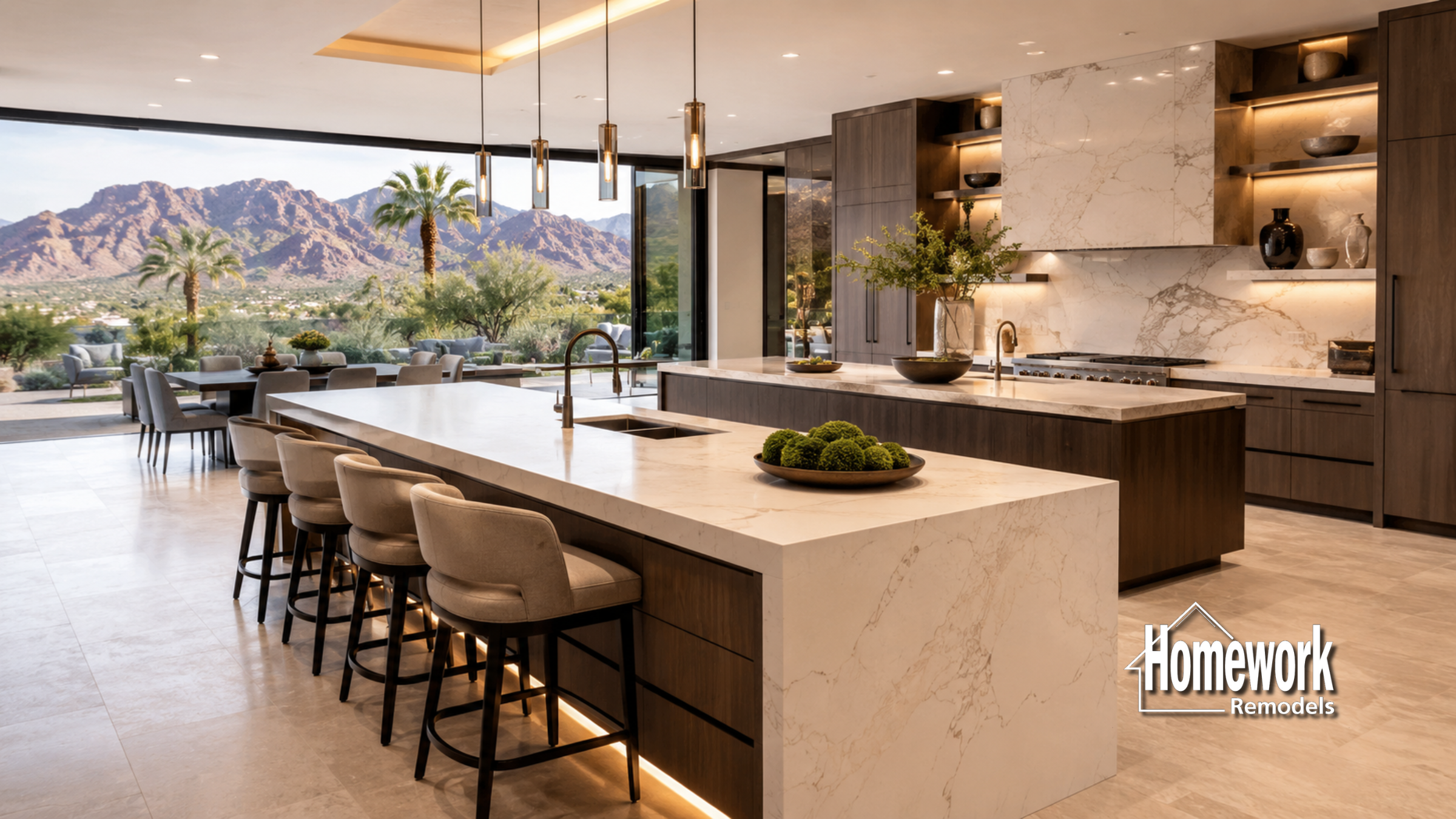 Spacious modern kitchen in a Paradise Valley luxury estate home, featuring a marble island, barstools, and large windows with mountain views. Sleek cabinets, built-in appliances, elegant decor. Homework Remodels logo in the corner.