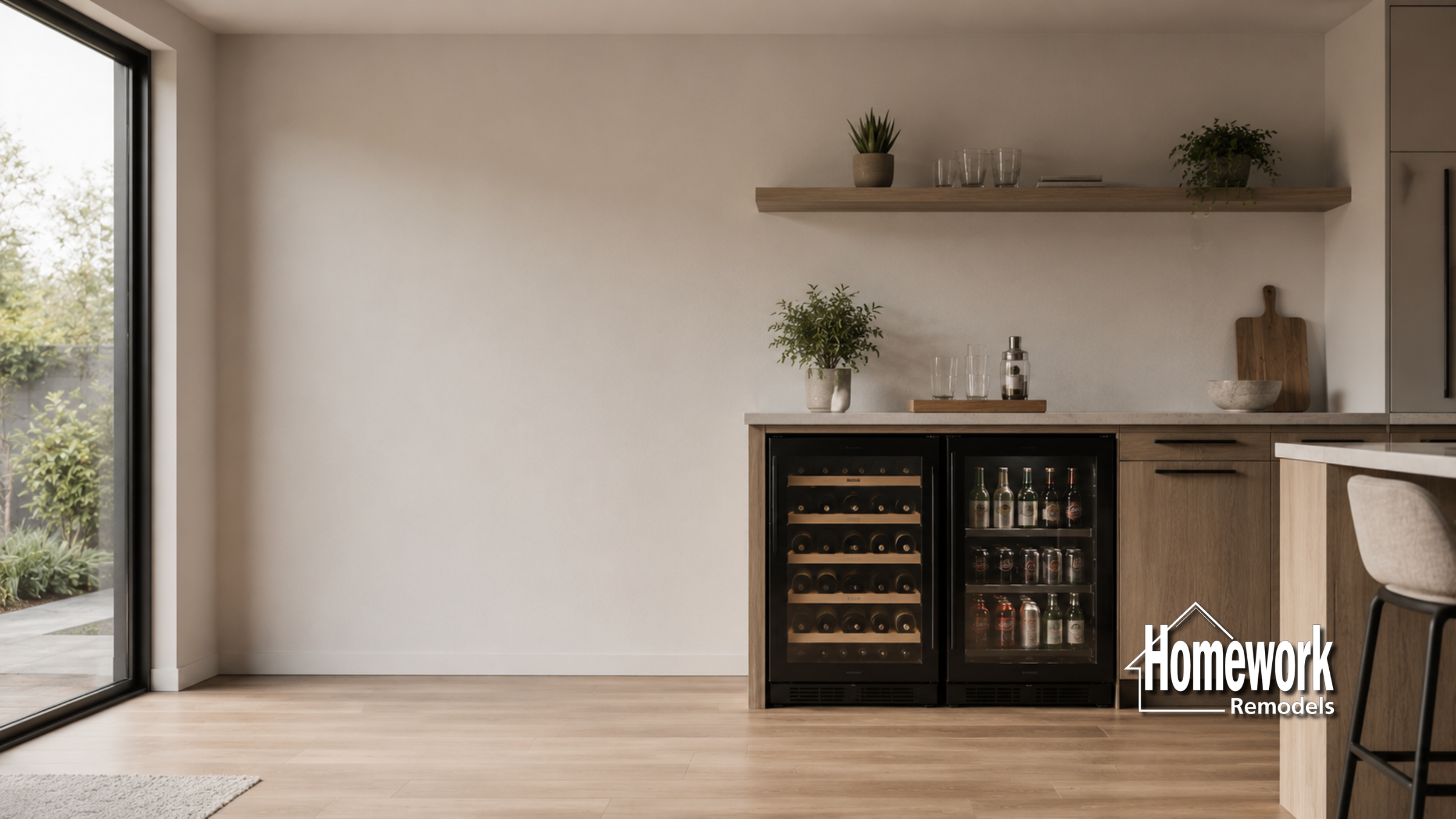 Modern kitchen with light wood floors, dedicated wine storage, a beverage center, potted plants, shelves with glassware, and large sliding glass doors. Homework Remodels logo in the bottom right corner—perfect for luxury homes.