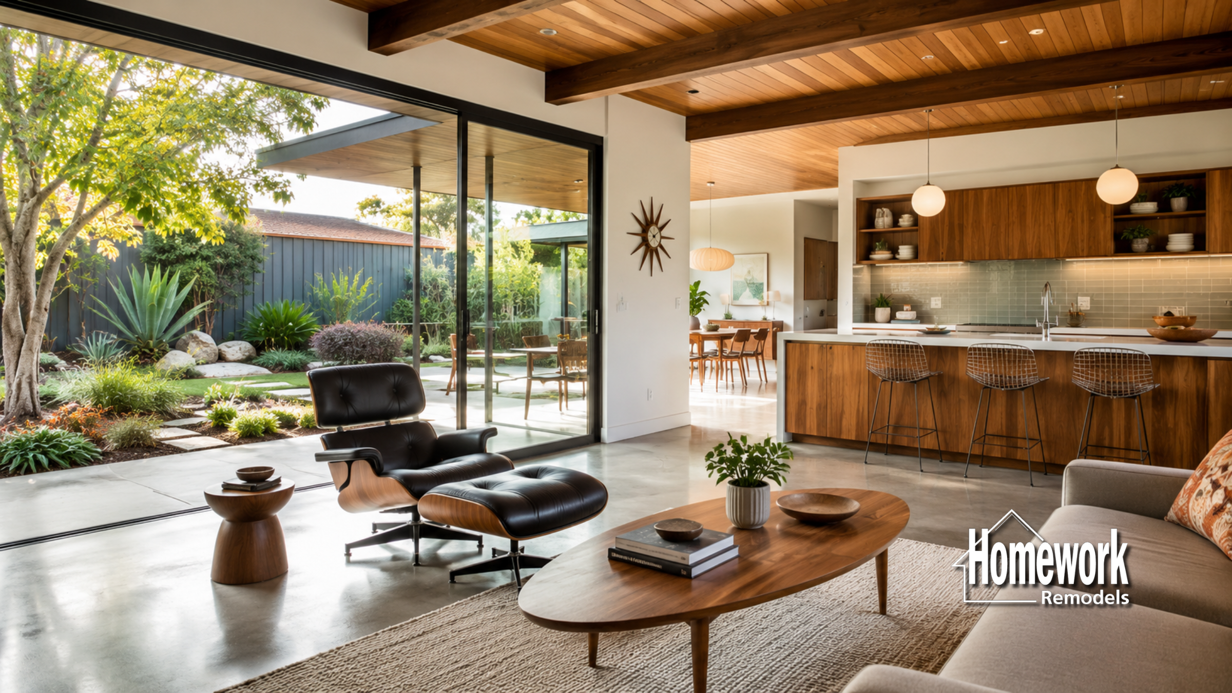 A modern living room with mid-century furniture, large glass doors to a garden, and an open kitchen concept with wooden cabinets and bar stools—perfect for those who love Historic Downtown Homes. The Homework Remodels logo appears in the bottom right corner.