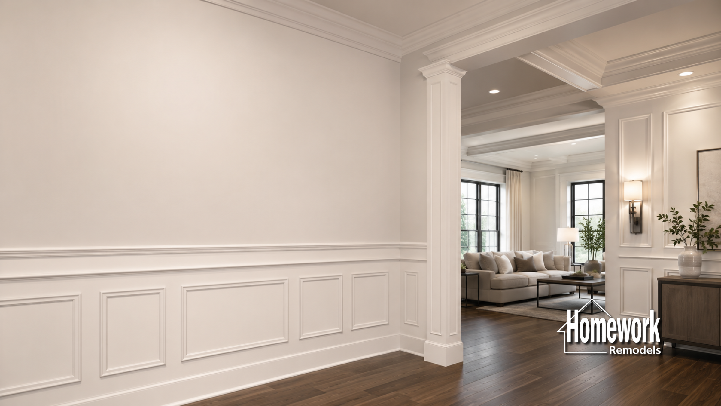 A bright, elegant living room and hallway in Mesa ranch homes with white wainscoting, crown molding, wood floors, and large windows. The Homework Remodels logo appears in the lower right corner.