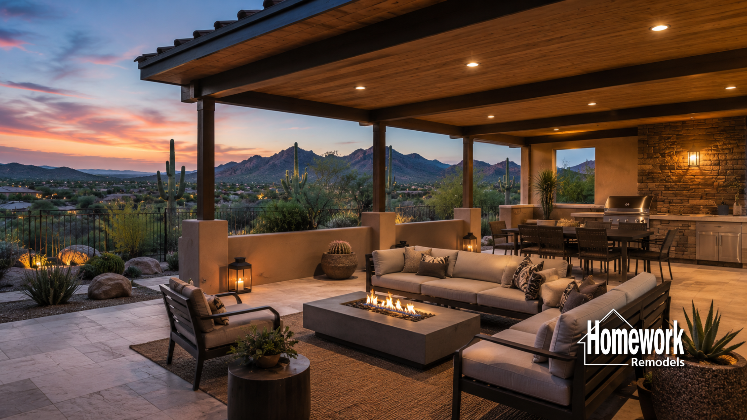 Outdoor patio with modern seating around a rectangular fire pit, dining area, and built-in kitchen under a wooden pergola, creating upscale outdoor spaces against a scenic desert sunset. Homework Remodels logo in the corner.