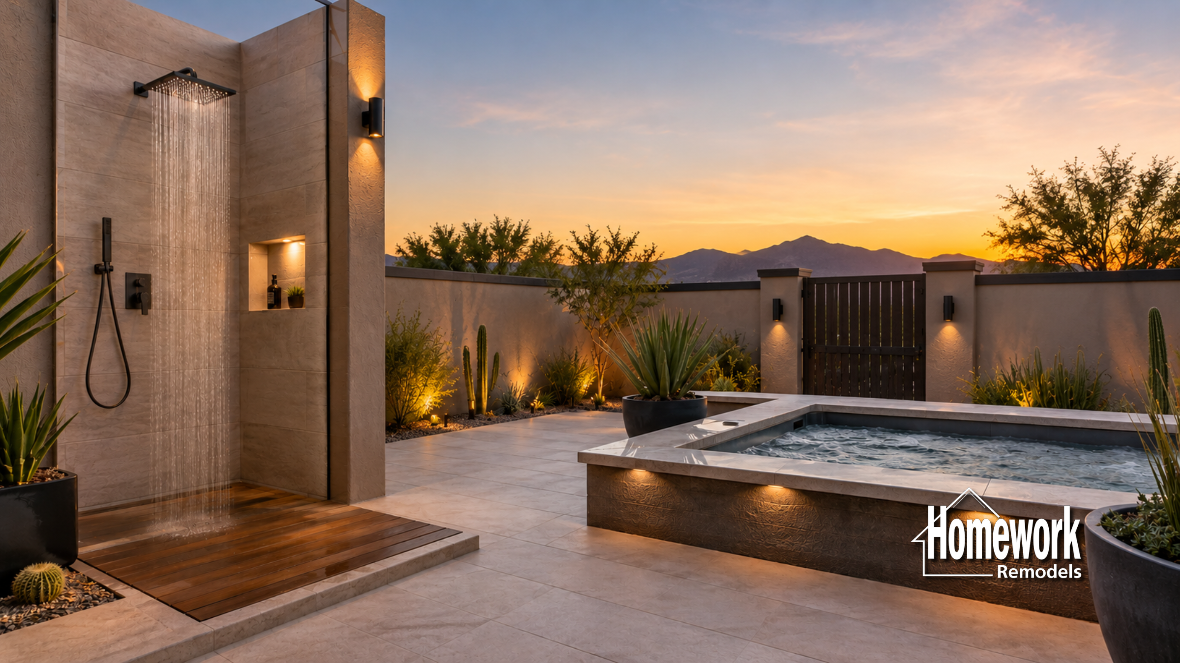 Modern outdoor space at sunset with a shower, wooden platform, hot tub, and desert landscaping—perfect for embracing desert living—with mountains in the background. Homework Remodels logo appears in the lower right corner.