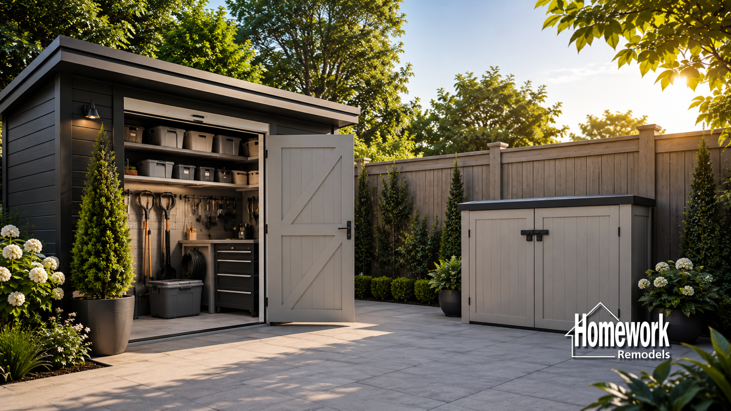 A tidy backyard, perfect for desert living, features a modern shed with open doors revealing organized tools and storage bins. A smaller storage box sits nearby, while lush greenery and flowers border the space. Homework Remodels logo is in the corner.