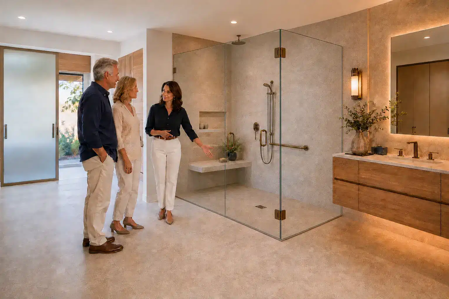 Three adults stand in a modern bathroom. One woman gestures toward a glass-enclosed shower with a bench—a thoughtful feature included as part of an aging in place bathroom remodel—while the other two look on. The space features wood accents and neutral tones.