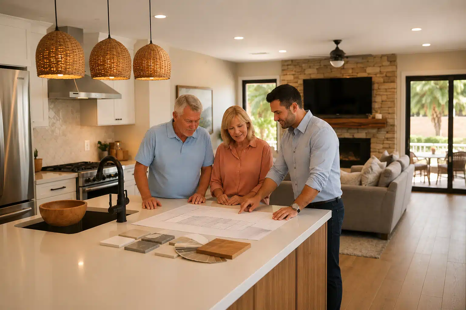 Three people stand at a kitchen island reviewing house plans and material samples, thoughtfully considering the benefits of design-build vs general contractor services. The kitchen has modern decor with hanging lights, and a living area with a stone fireplace is visible in the background.