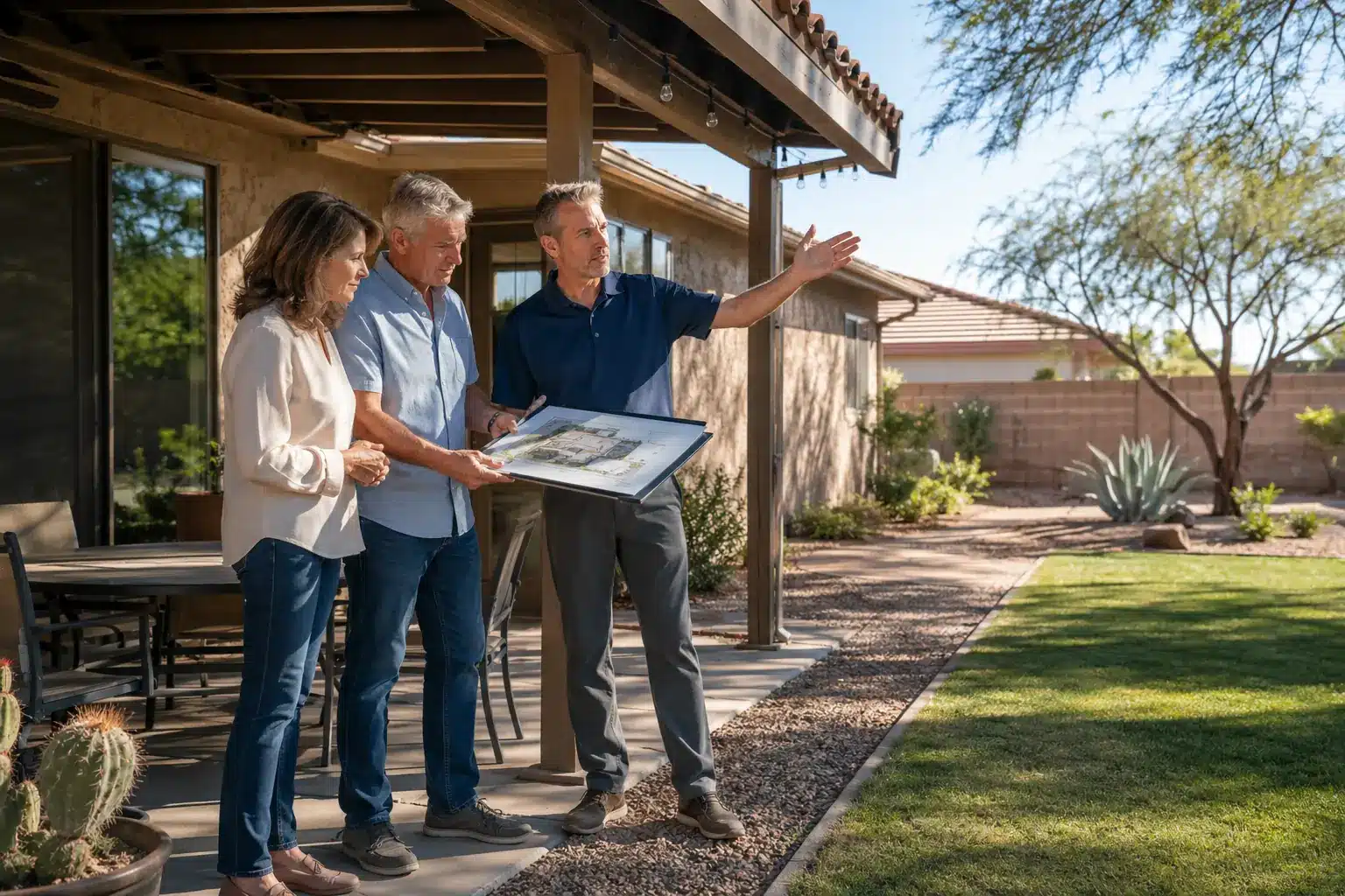 A man shows house plans to a couple in a backyard, gesturing toward the yard’s landscaping on a sunny day as he explains how to assess addition feasibility. The three stand on a patio near desert plants and a modern home.