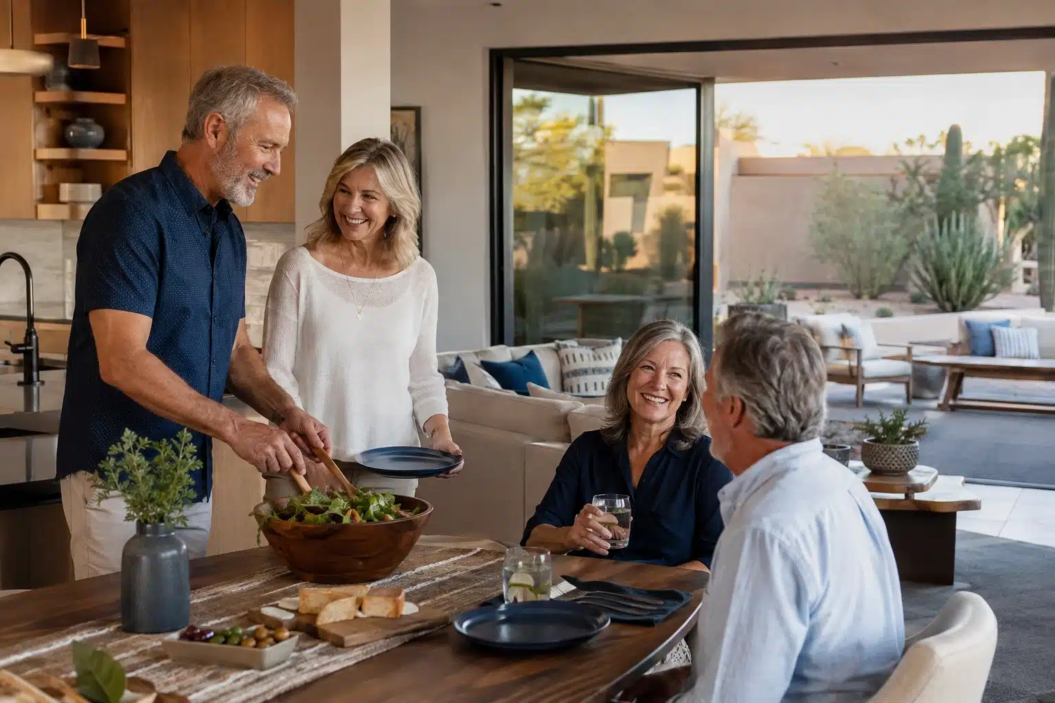 Homeowners enjoying their completed remodeled home with friends