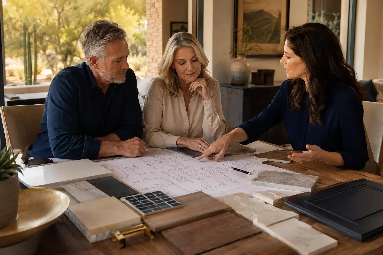 Homeowners reviewing remodeling plans and material selections with a designer