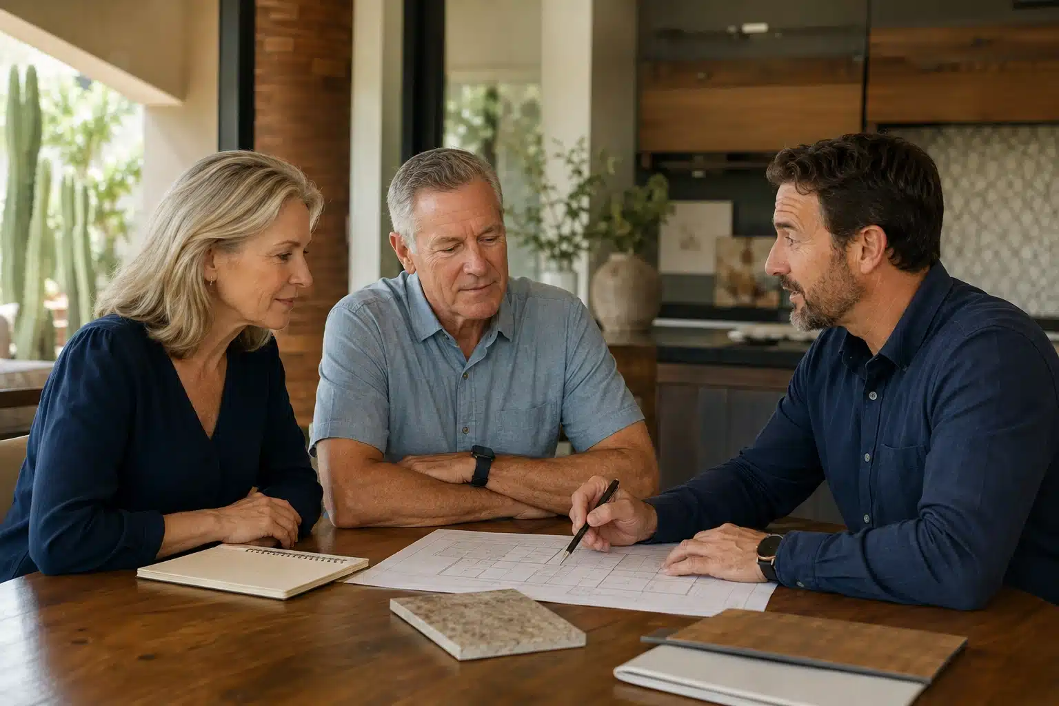 Homeowners learning about the remodeling process with a design-build professional