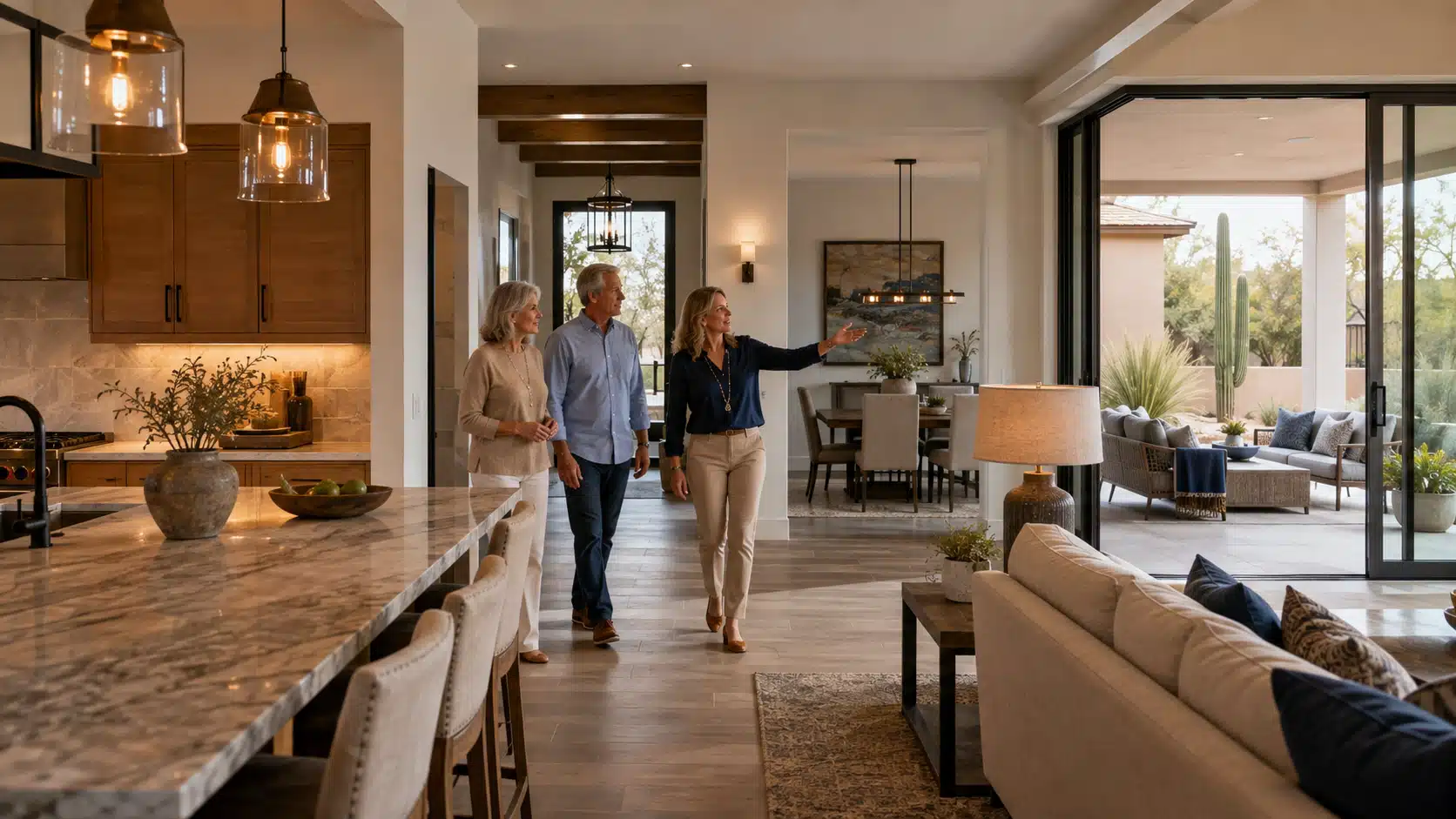 A real estate agent shows an older couple a modern, open-concept home that has undergone a whole home renovation, featuring a spacious kitchen, living area, and an outdoor patio visible through large sliding glass doors.