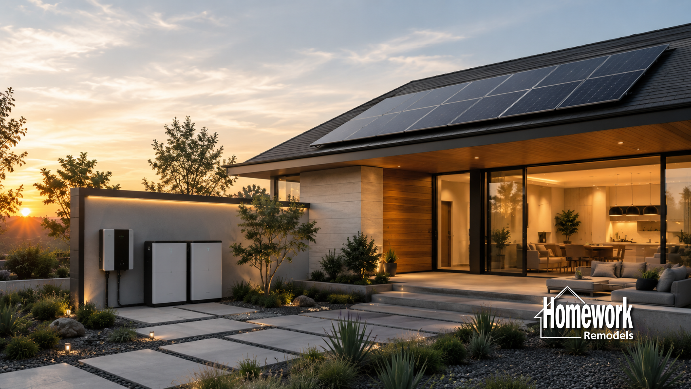 Modern home at sunset with solar panels, energy-efficient windows, clean landscaping, outdoor lighting, and visible energy storage units. The logo Homework Remodels is in the lower right corner to highlight improved comfort and sustainability.