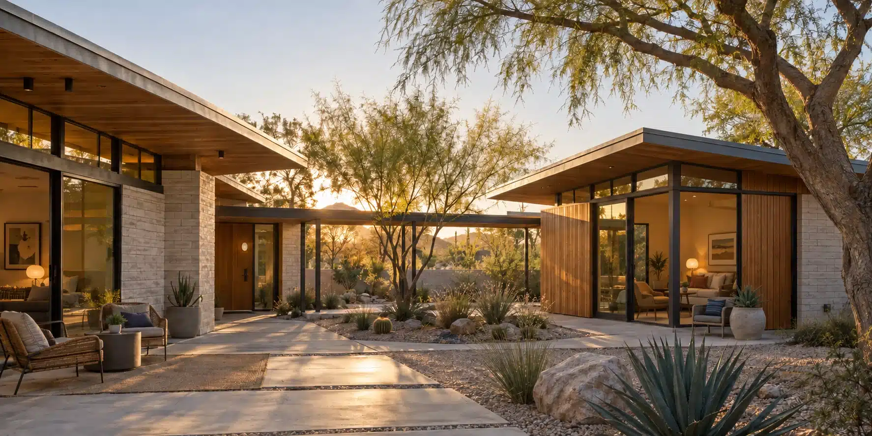 Modern house with large glass windows, flat roofs, and desert landscaping at sunset. Trees, rocks, and cacti surround the walkway between two connected home sections—distinctly inspired by Mid-Century Modern Guest House Additions. Warm light glows from inside.