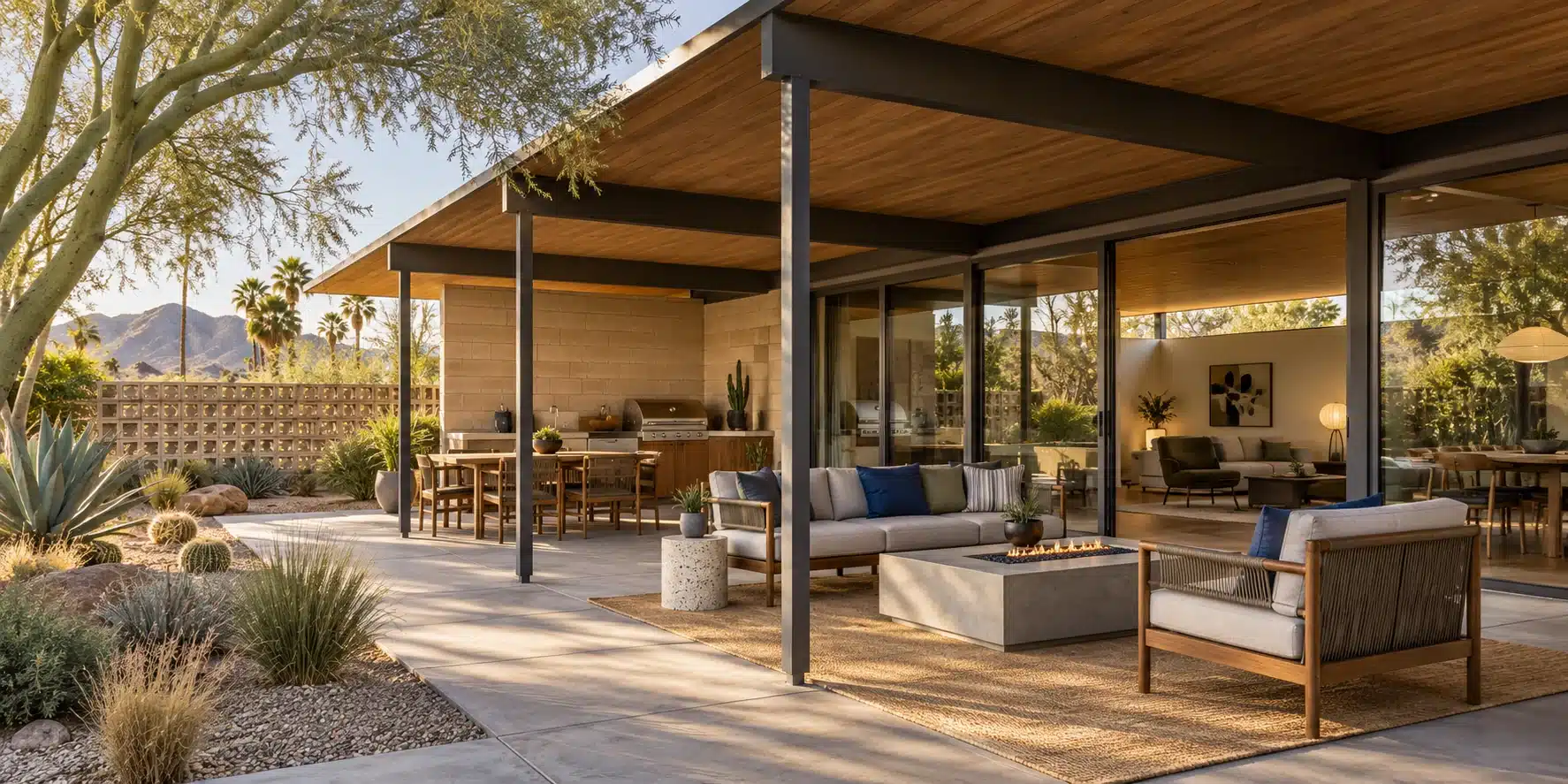 A modern patio designed as an inviting outdoor living space features comfortable seating, a fire pit, and a dining area under a wooden roof. Glass doors open to a stylish, Mid-Century Modern living room. Desert plants and mountains are visible in the background.